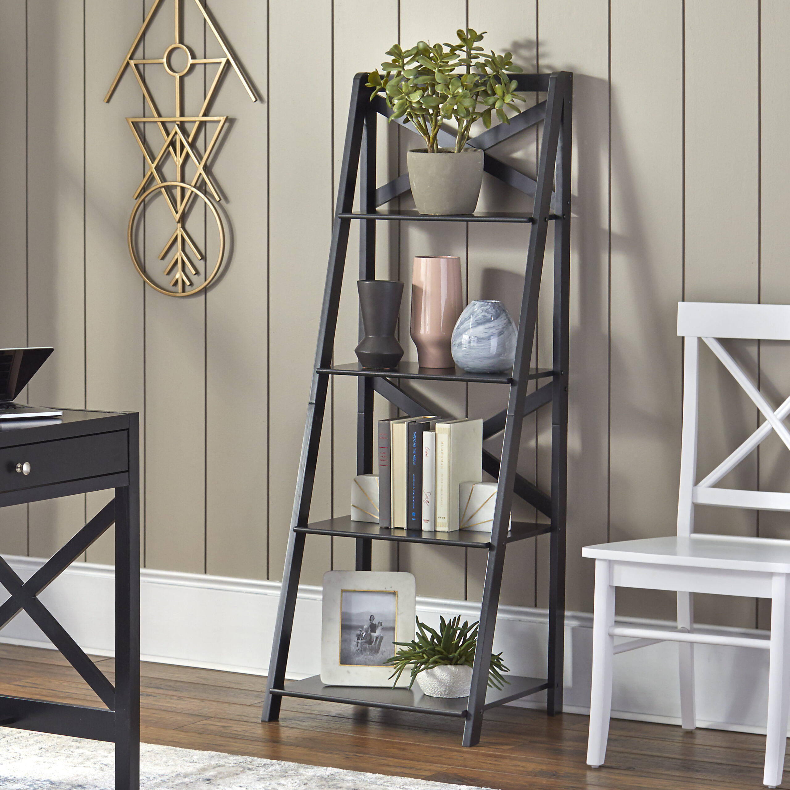 TMS X 4-Tier Shelf. Ladder Bookcase. Black