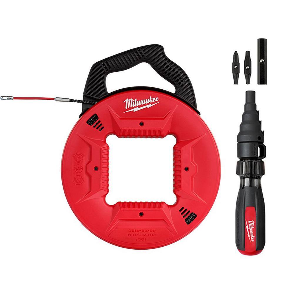 Milwaukee 48-22-4195-48-22-2870 100 ft. Polyester Fish Tape with Flexible Metal Leader with 7-in-1 Conduit Reaming Multi-Bit Screwdriver