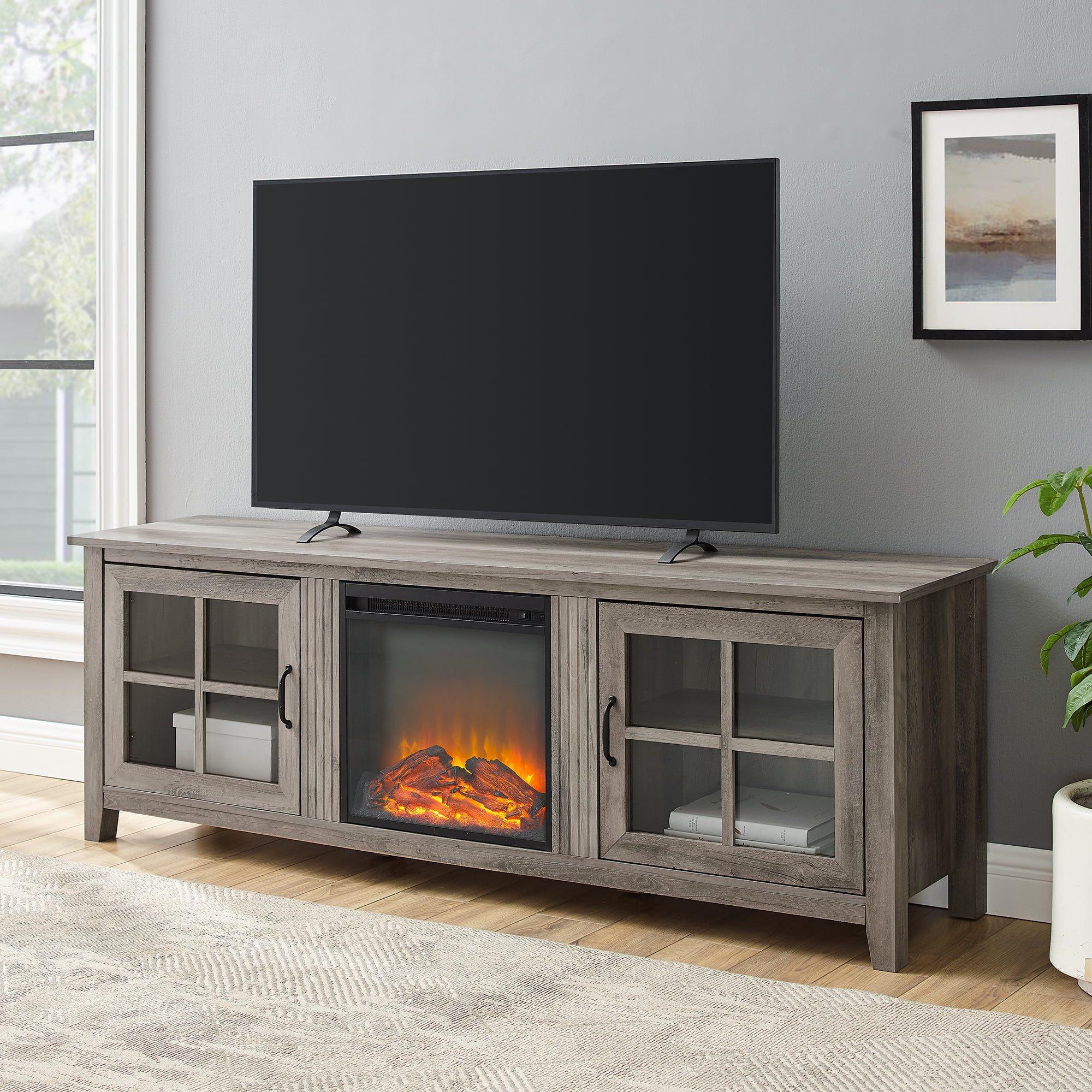 Manor Park Farmhouse Fireplace TV Stand for TVs up to 80″. Grey Wash