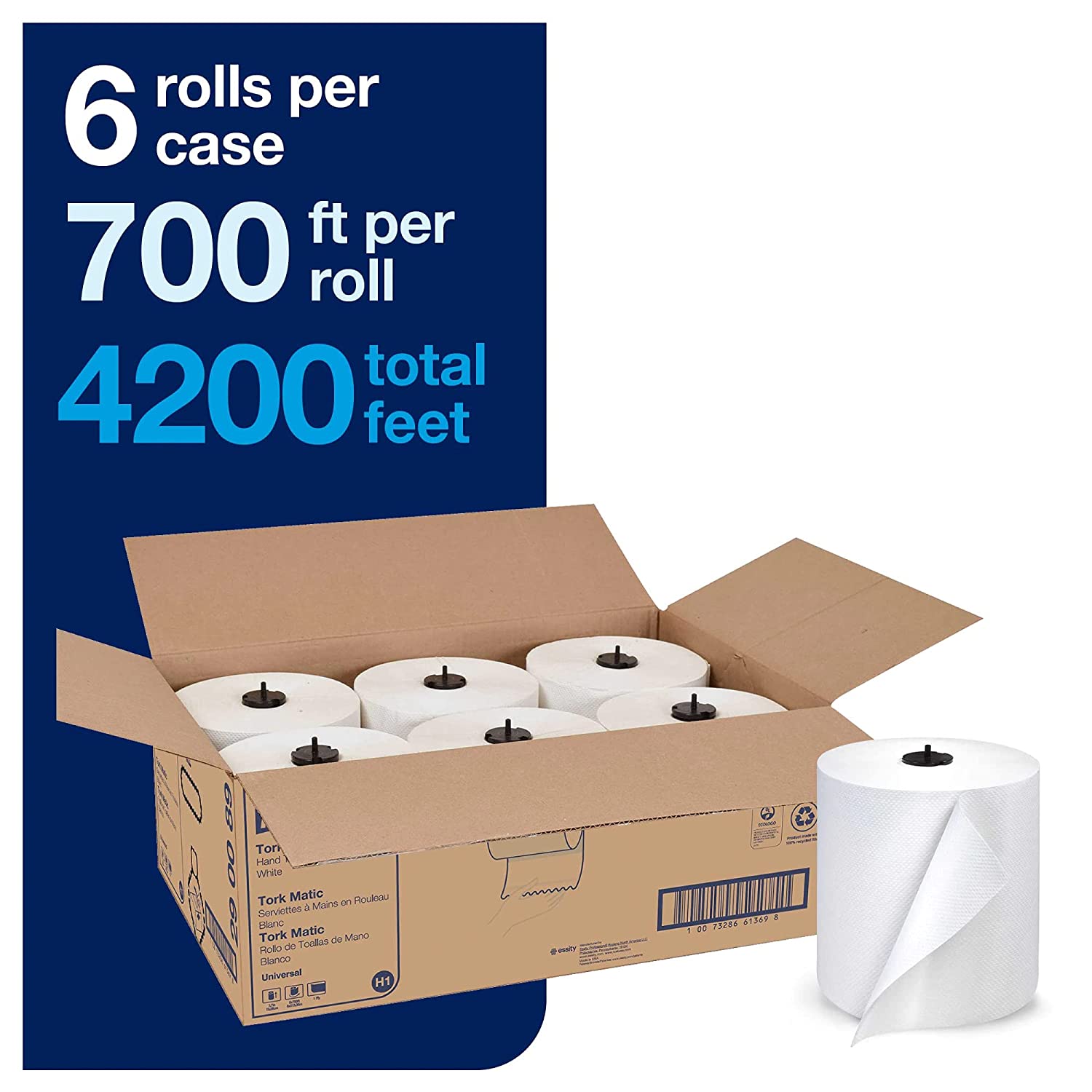 Tork Matic Paper Hand Towel Roll White H1. Universal. 100% Recycled Fiber. 6 Rolls x 700 ft. 290089