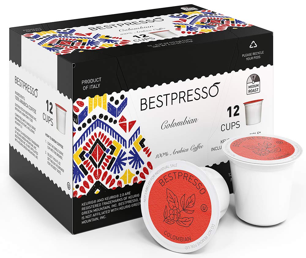 Bestpresso Coffee. Colombian Medium Roast Single Serve K-Cup Pods. 96 Count (Compatible With 2.0 Keurig Brewers) 8 Packs Of 12 Cups