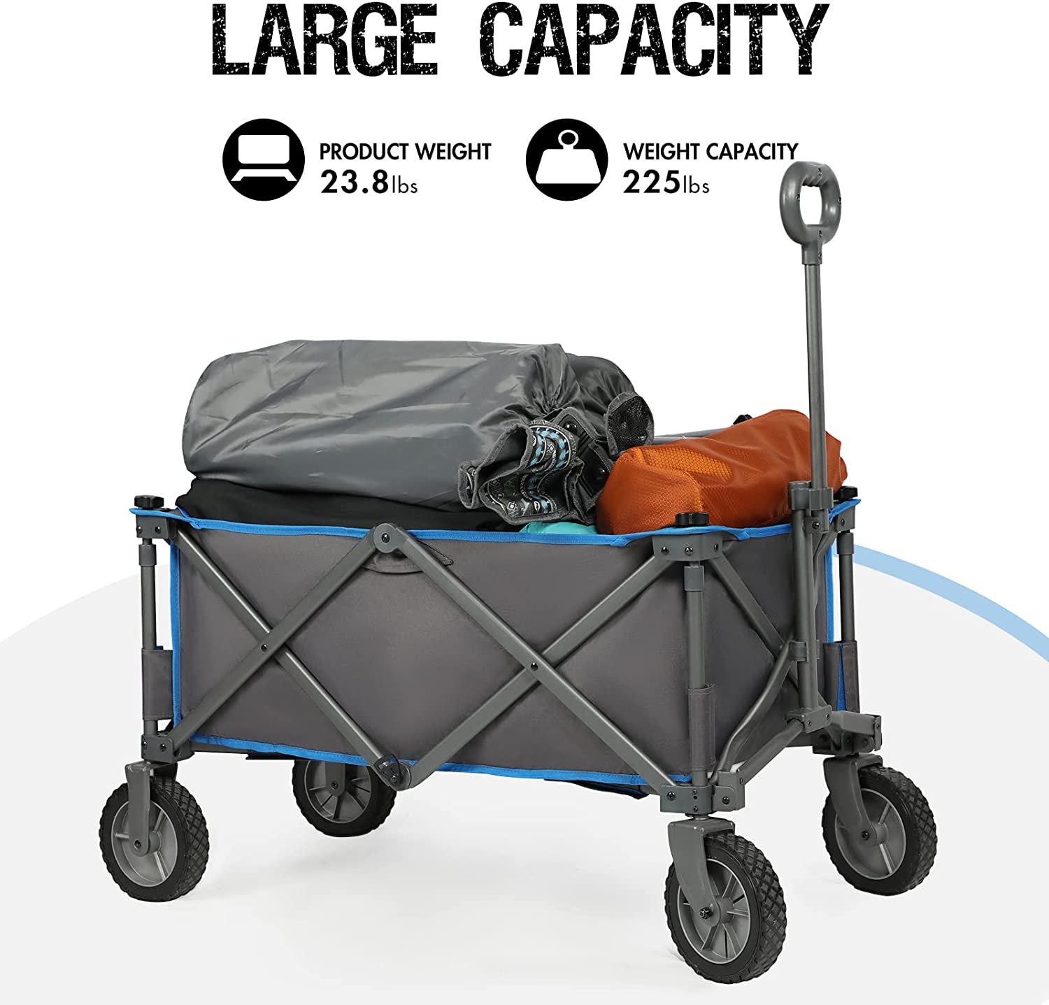 PORTAL Collapsible Folding Utility Wagon Cart Heavy Duty Foldable Outdoor Garden Camping Cart with Removable Fabric. Grey/Blue