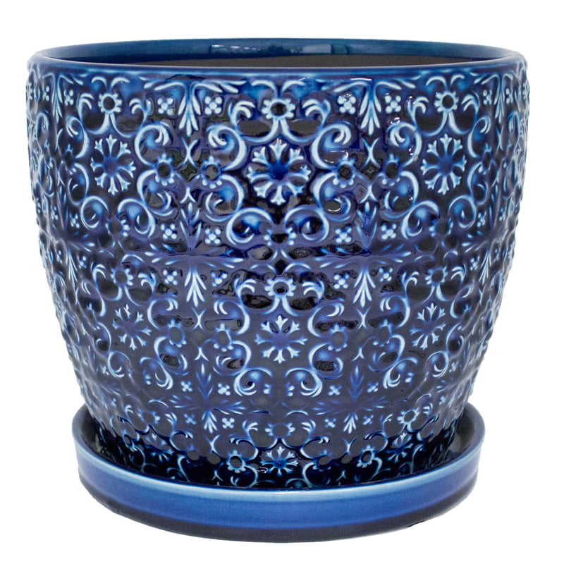 Trendspot Mediterranean 12″ Round Blue Ceramic Planter