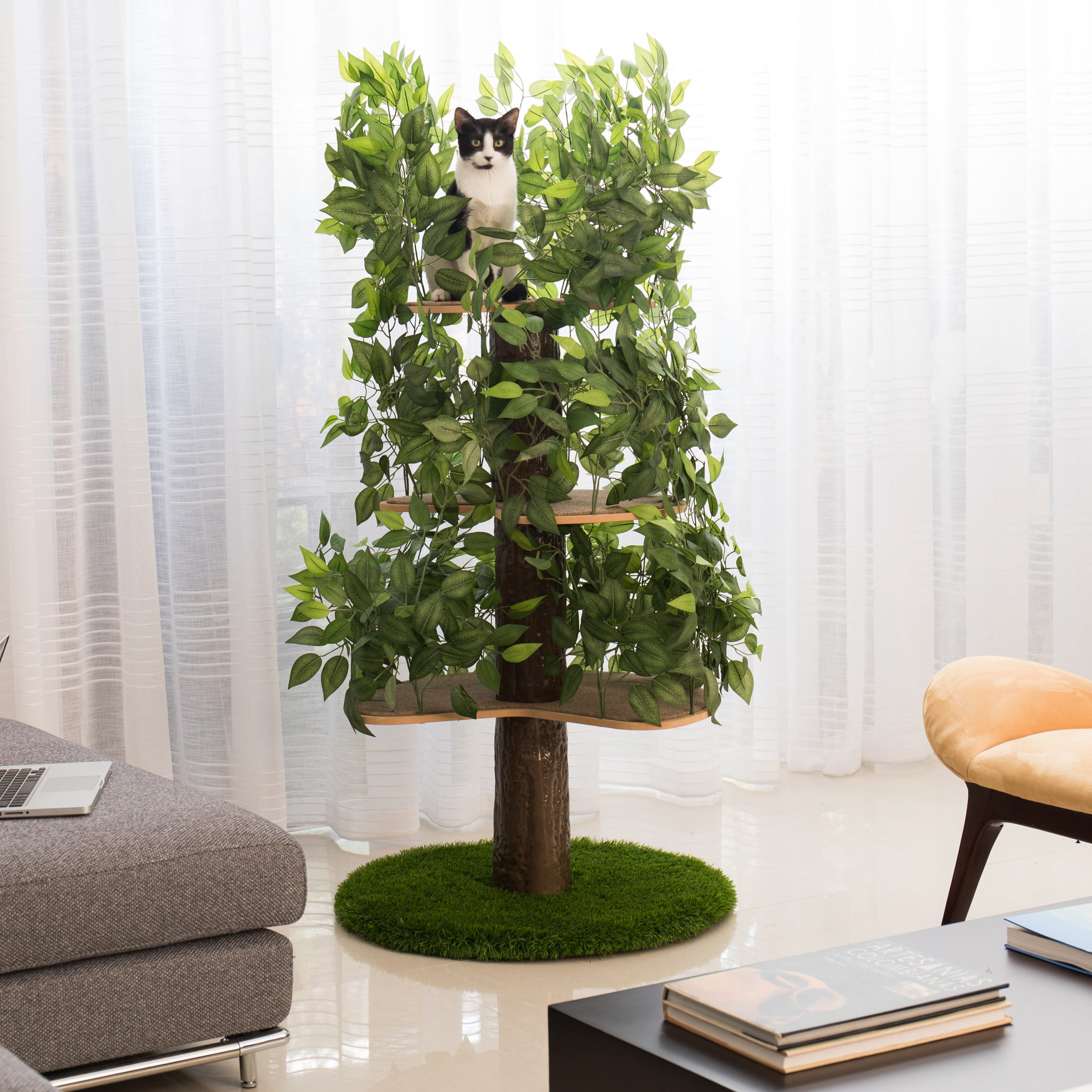 On2Pets Cat Tree with Leaves. Cat House & Cat Activity Tree. Multi-Level Cat Condo for Indoor Cats. Round Base. Green