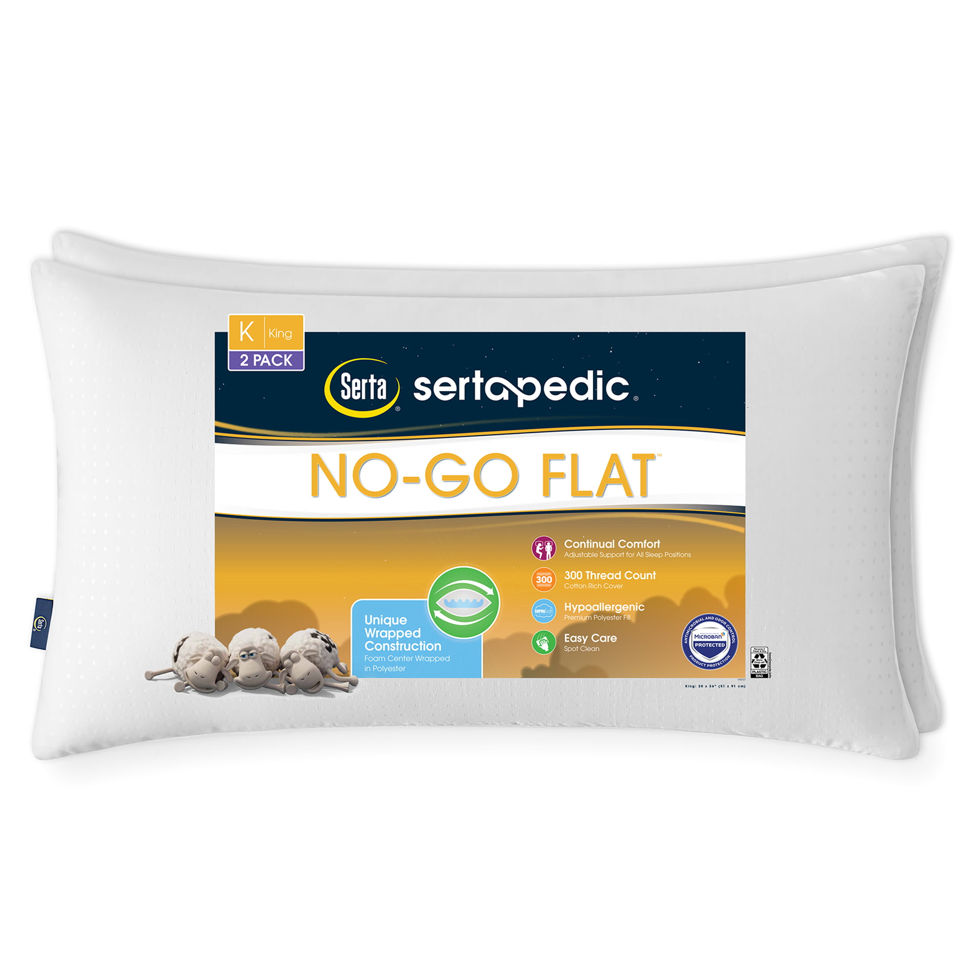 Sertapedic No-Go-Flat Bed Pillow. King. 2 Pack