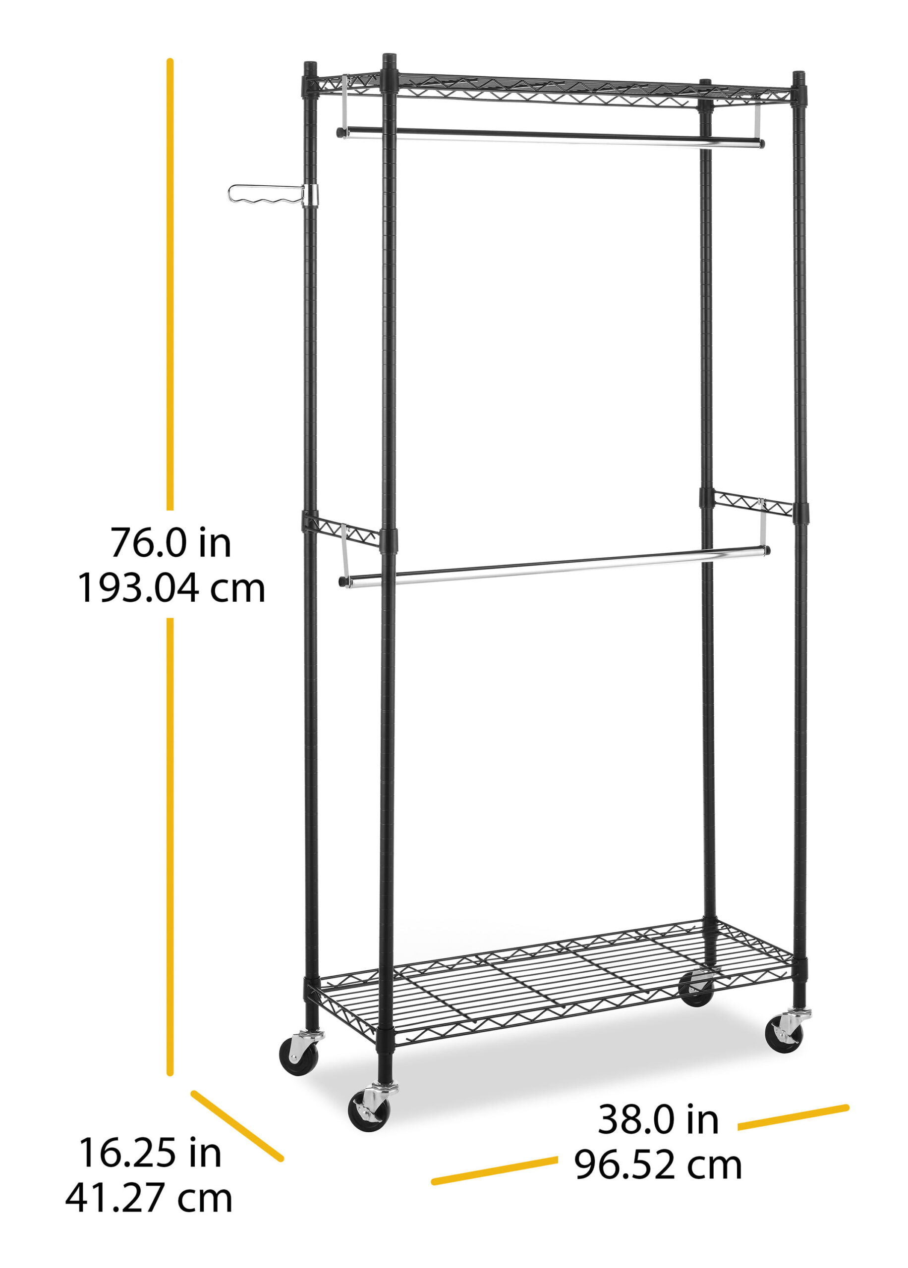 Whitmor Double Rod Rolling Garment Rack. Metal. Black and Chrome