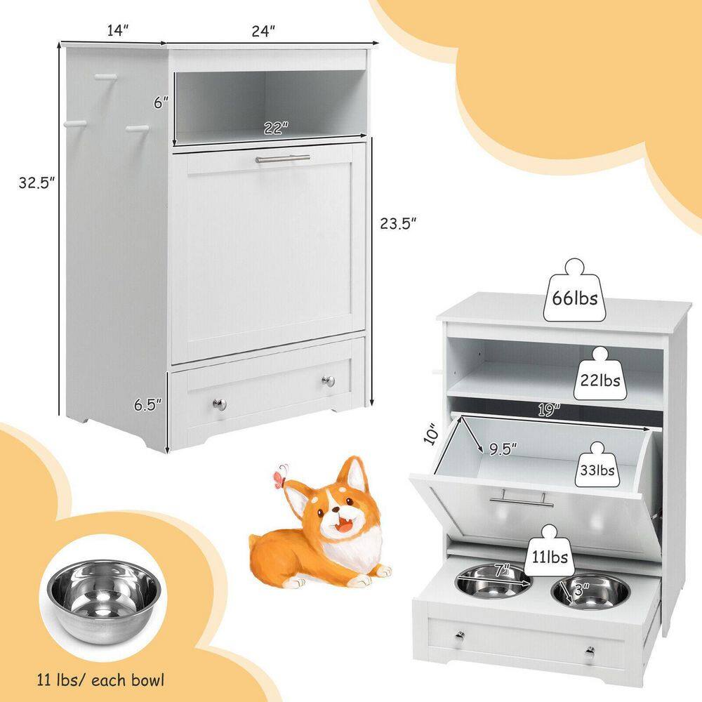 ANGELES HOME 8CK-10010PVWH 2-Cup Wood Pet Feeder Station with Stainless Steel Bowl in White