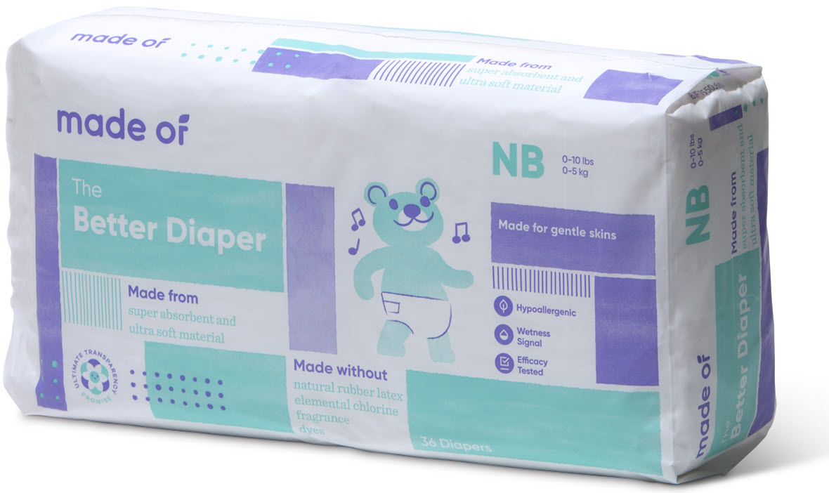 MADE OF Better Baby Diaper - No Dyes. No Chlorine. Non-Toxic - Size Newborn (4-Pack - 144 count)