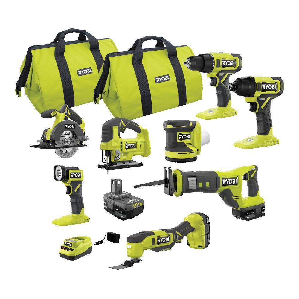 RYOBI PCL1800K3N ONE+ 18V 8-Tool Combo Kit with (1) 1.5 Ah Battery and (2) 4.0 Ah Batteries and Charger