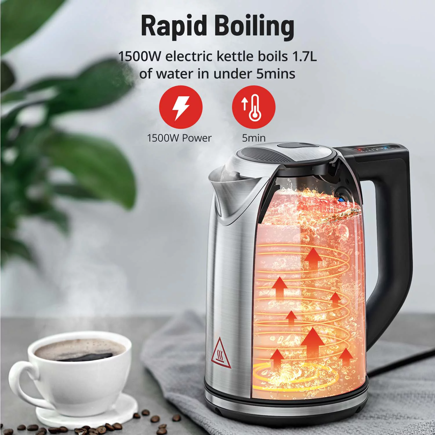 Paris Rhône Stainless Steel Electric Kettle. 1.7L Kettle with 6 Temperature Settings. Strix Thermostat. Touch Control. Silver