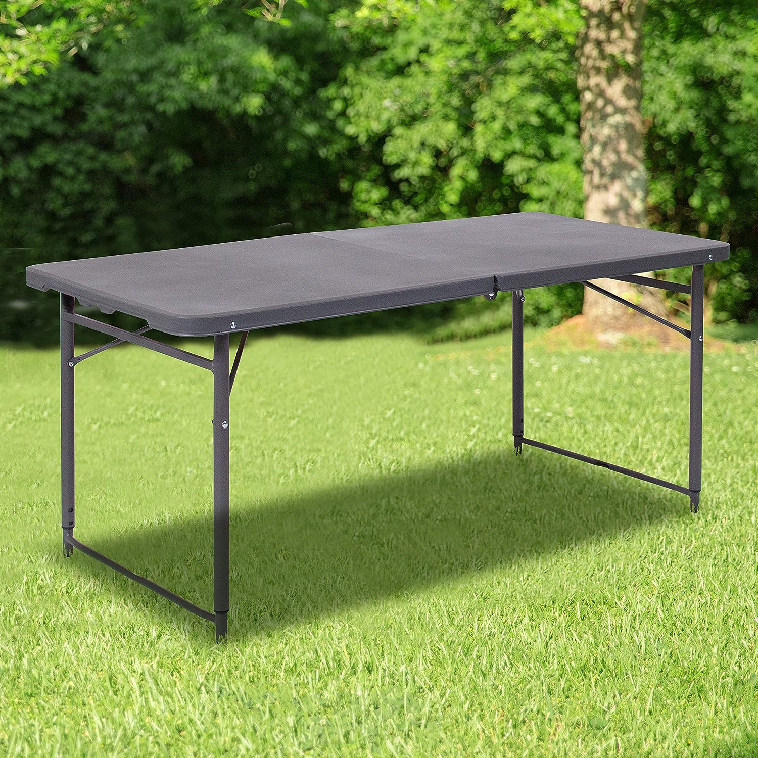 Flash Furniture Mills 4-Foot Height Adjustable Bi-Fold Dark Gray Plastic Folding Table with Carrying Handle