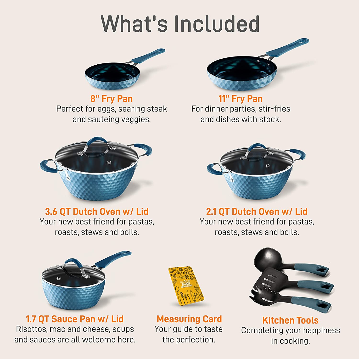 NutriChef Nonstick Cookware Excilon | Home Kitchen Ware Pots & Pan Set with Saucepan. Frying Pans. Cooking Pots. Lids. Utensil PTFE/PFOA/PFOS Free. 11 Pcs. Royal Blue