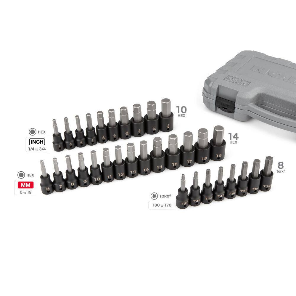 TEKTON SIB92312 1/2 in. Drive Hex/Torx Bit Impact Socket Set. 32-Piece (1/4-3/4 in.. 6-19 mm. T30-T70)
