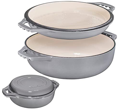 Bruntmor 2-in-1 Enameled Cast Iron Cocotte Double Braiser Pan with Grill Lid 3.3 Quarts - Barbecue