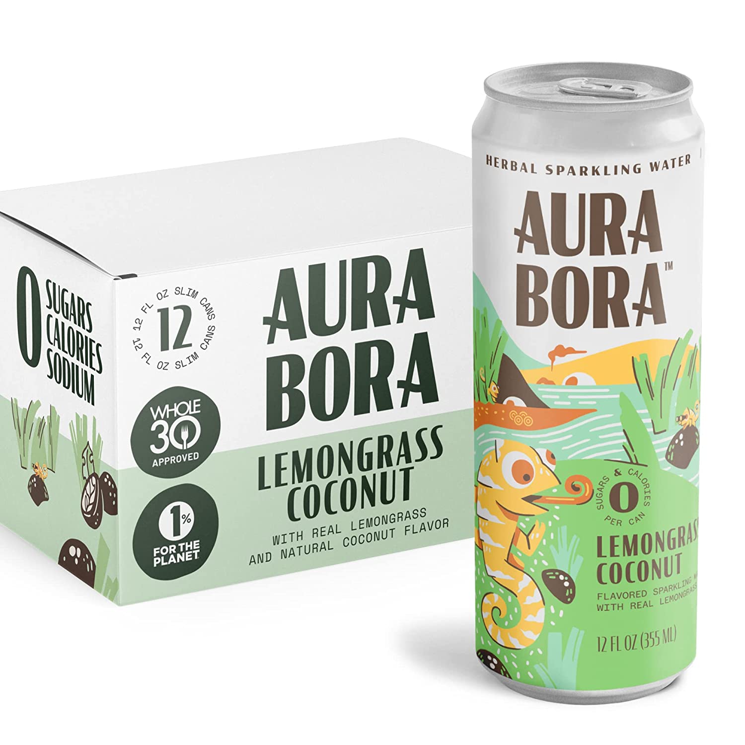 Lemongrass Coconut Herbal Sparkling Water by Aura Bora 12 oz Can (Pack of 12). 0 Calories. 0 Sugar. 0 Sodium. Non-GMO