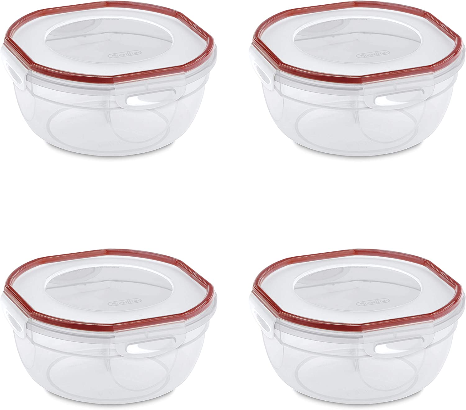 Sterilite Ultra-Seal 2.5 Quart Bowl. Clear Lid & Base with Rocket Red Gasket. 4-Pack