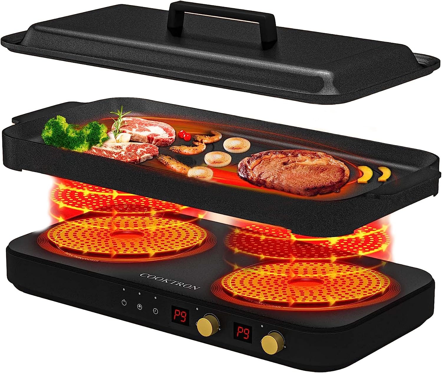 COOKTRON Portable Induction Cooktop 2 Burner with Removable Iron Cast Griddle Pan Non-stick. 1800W Double Induction Cooktop with Child Safety Lock & Time. Great for Family Party