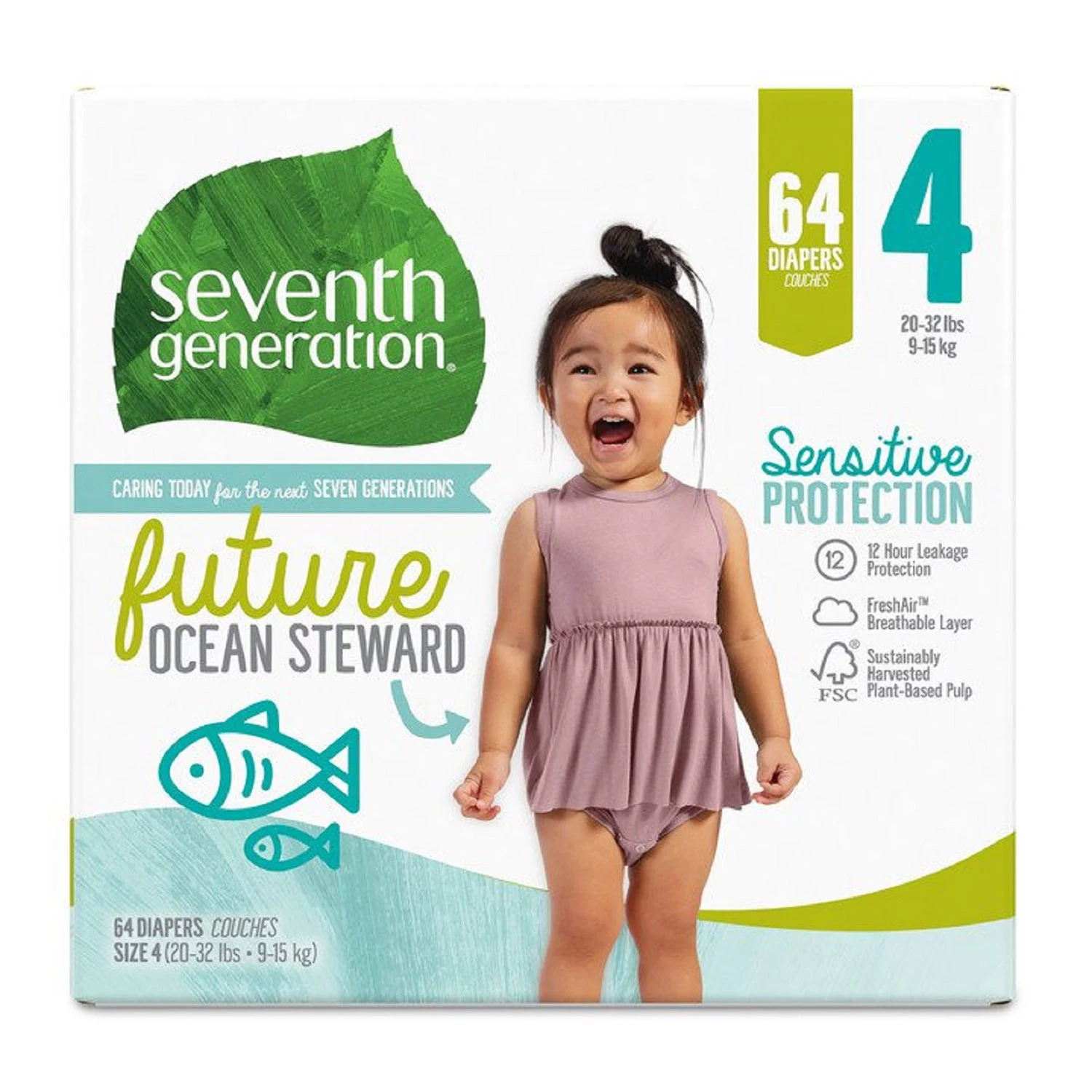 Seventh Generation Sensitive Protection Baby Diaper. Size 4 - 64 ct. (20 - 32 lbs.)