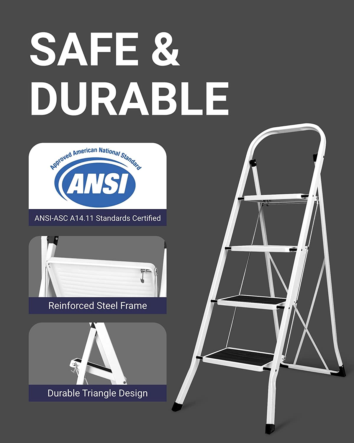 Delxo Step Ladder Folding Step Stool 4 Steps. Heavy-Duty sturdy Steel Tall Step Stool Ladders with Handrails. Wide Pedals.White 4ft Lightweight Safety Collapsible Ladder for Adults Home Kitchen Office