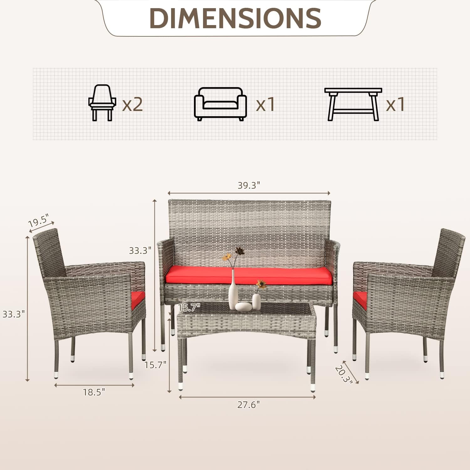 FDW 4 Pieces Outdoor Furniture Set Patio Conversation Set Wicker with Rattan Chair Loveseats Coffee Table for Outdoor Indoor Garden Backyard Porch Poolside Balcony.Gray Wicker/Red Cushions