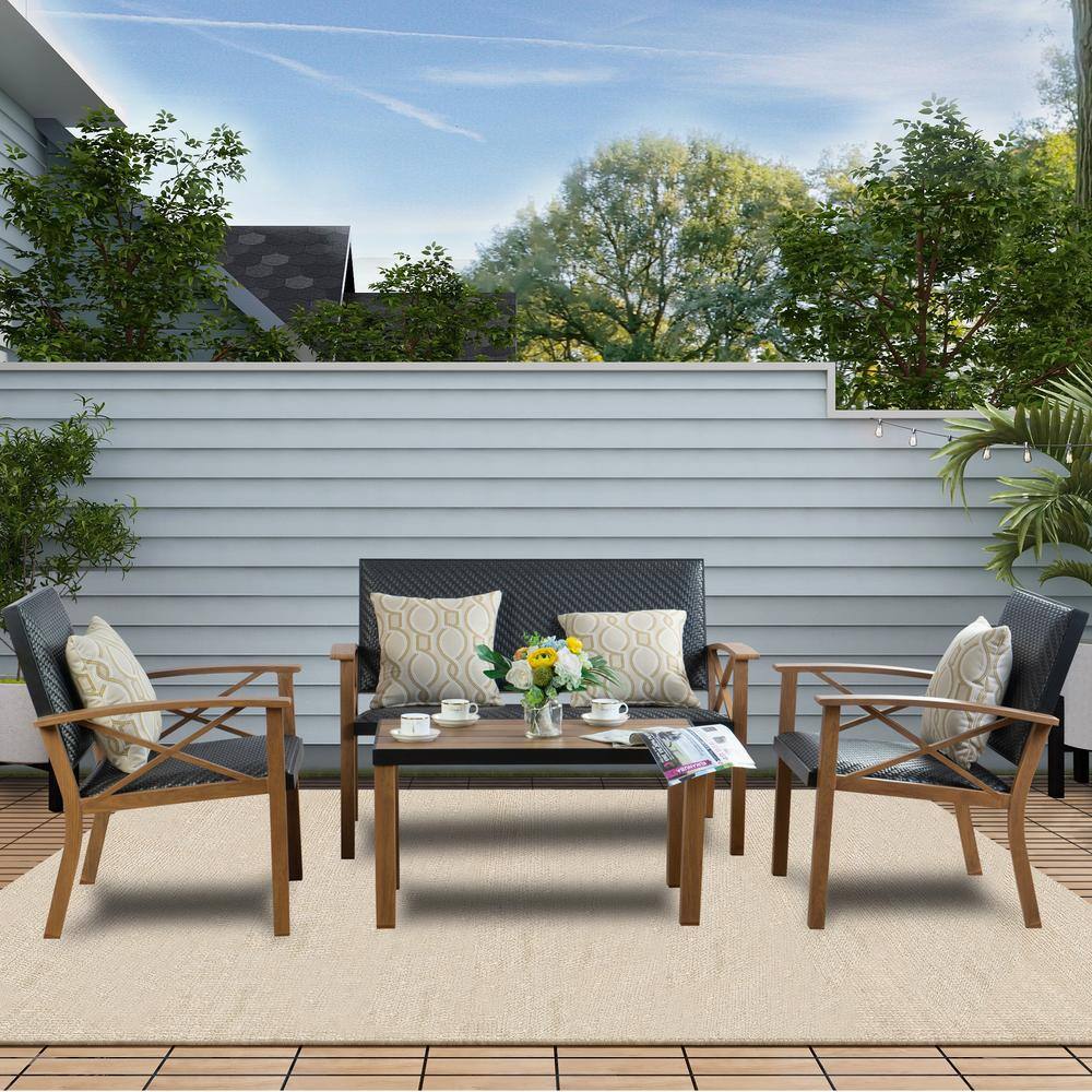 KOZYARD  4-Piece Wicker Aluminum Frame Outdoor Furniture Patio Conversation Set with Table for Backyard. Garden. Porch