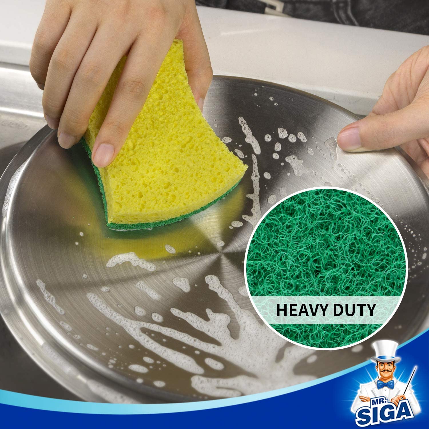 MR.SIGA Heavy Duty Cellulose Scrub Sponge. Dual-Sided Dishwashing Sponge. 12 Pack
