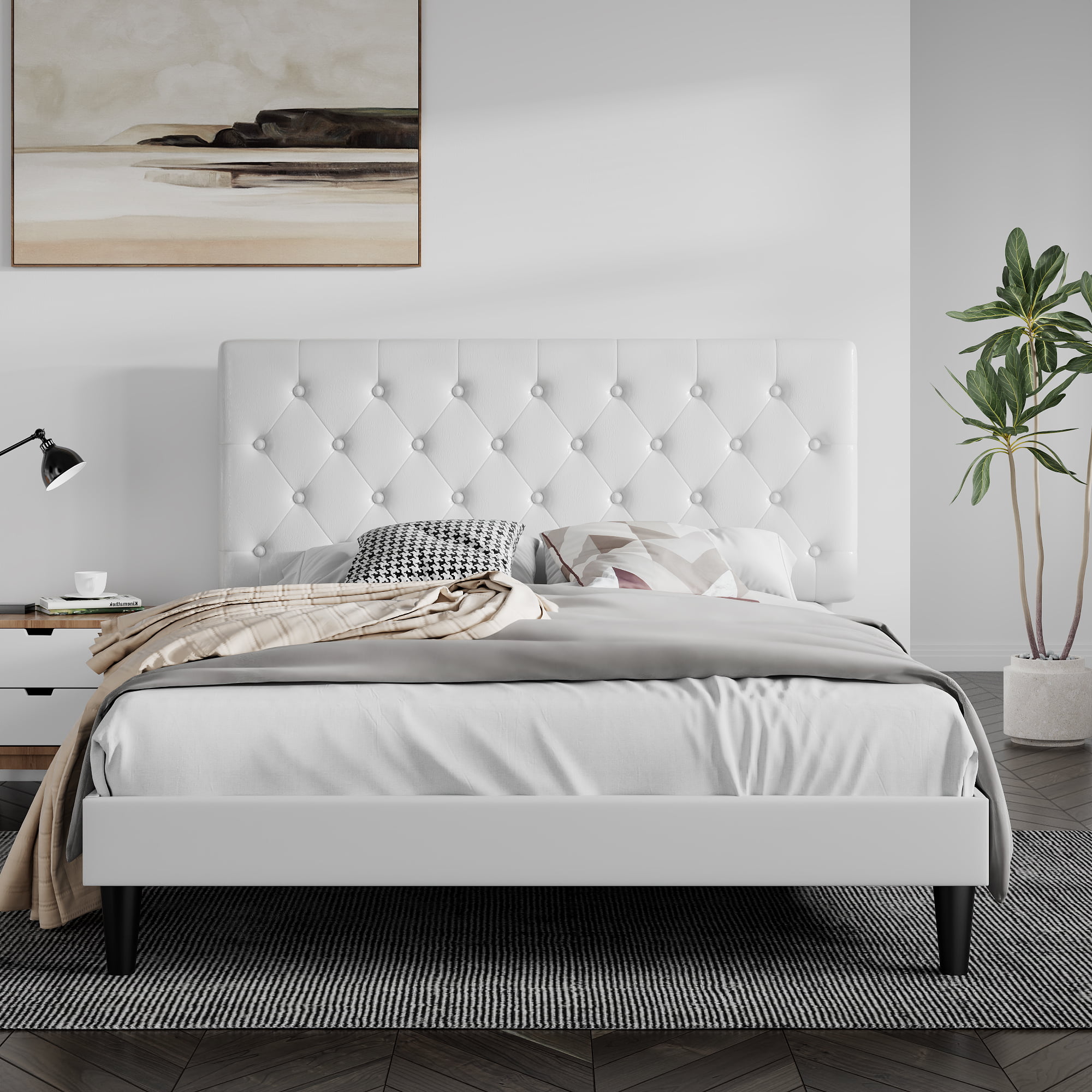 Sha Cerlin Queen Size Platform Bed Frame with Button Tufted Headboard. Faux Leather Upholstered Mattress Foundation. White