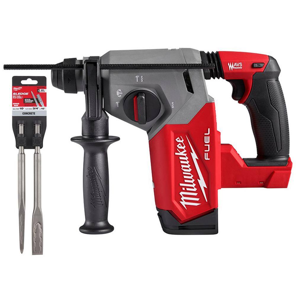 Milwaukee 2912-20-48-62-6080 M18 FUEL 18V Lithium-Ion Brushless Cordless 1 in. SDS-Plus Rotary Hammer with 10 in. Bull Point & Steel Flat Chisel