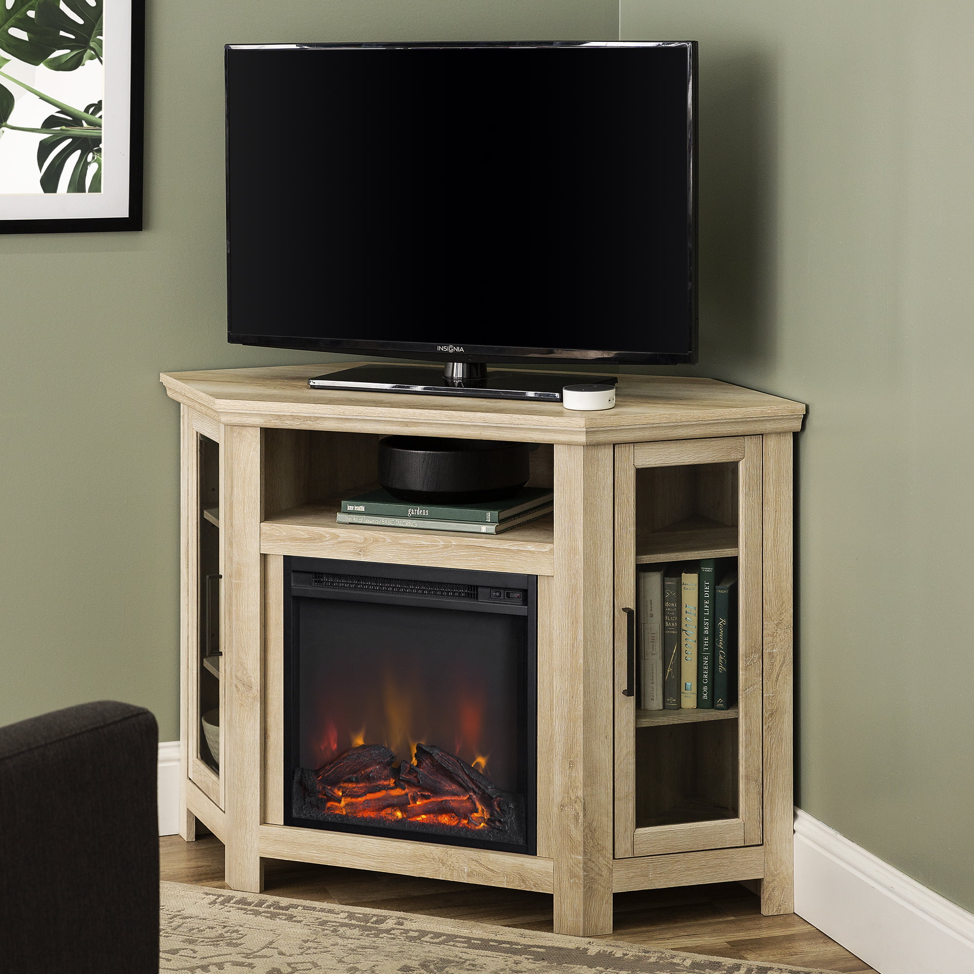 Walker Edison White Oak Corner Fireplace TV Stand for TVs up to 50″