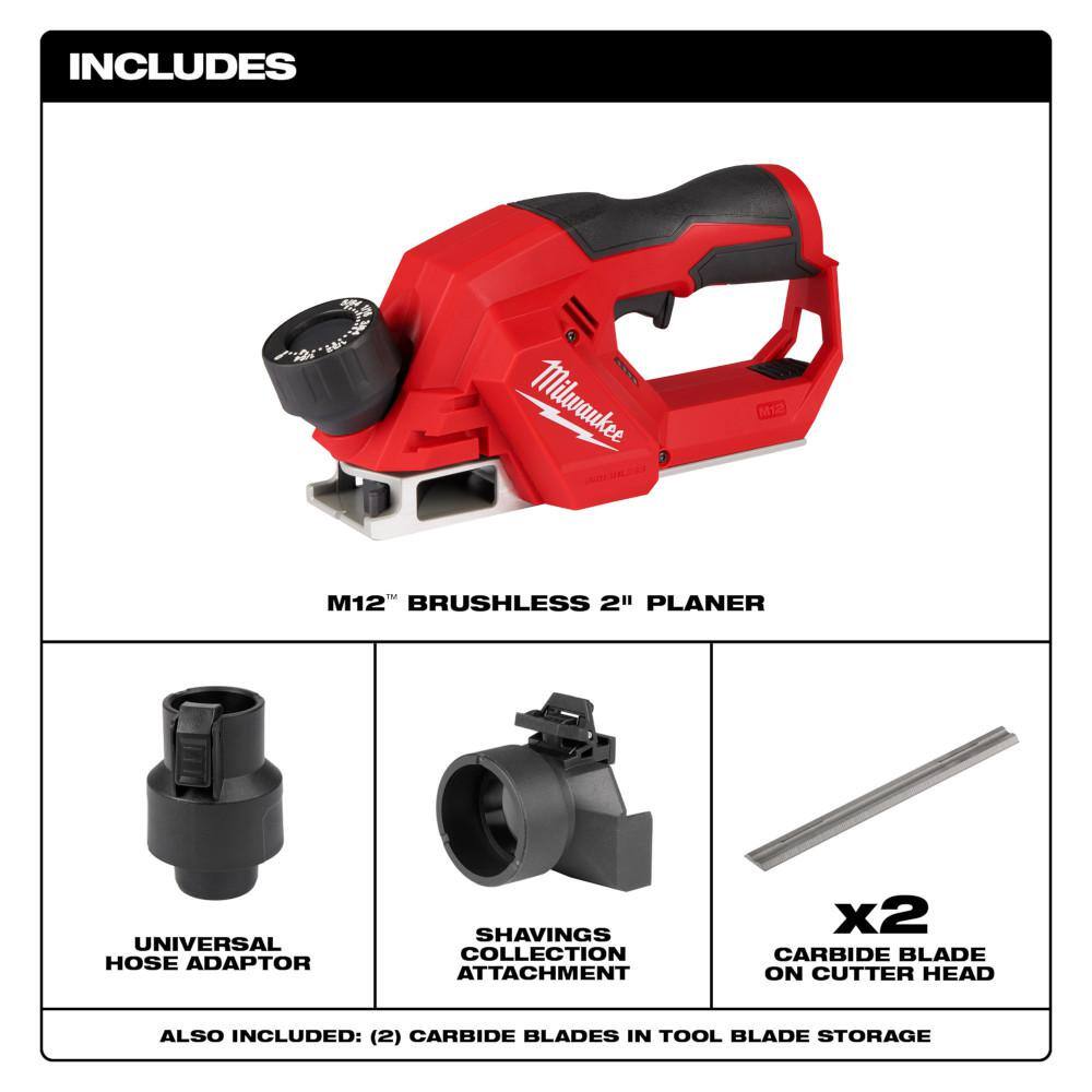 Milwaukee 2524-20 M12 12V Lithium-Ion Brushless Cordless 2 in. Planer (Tool-Only)