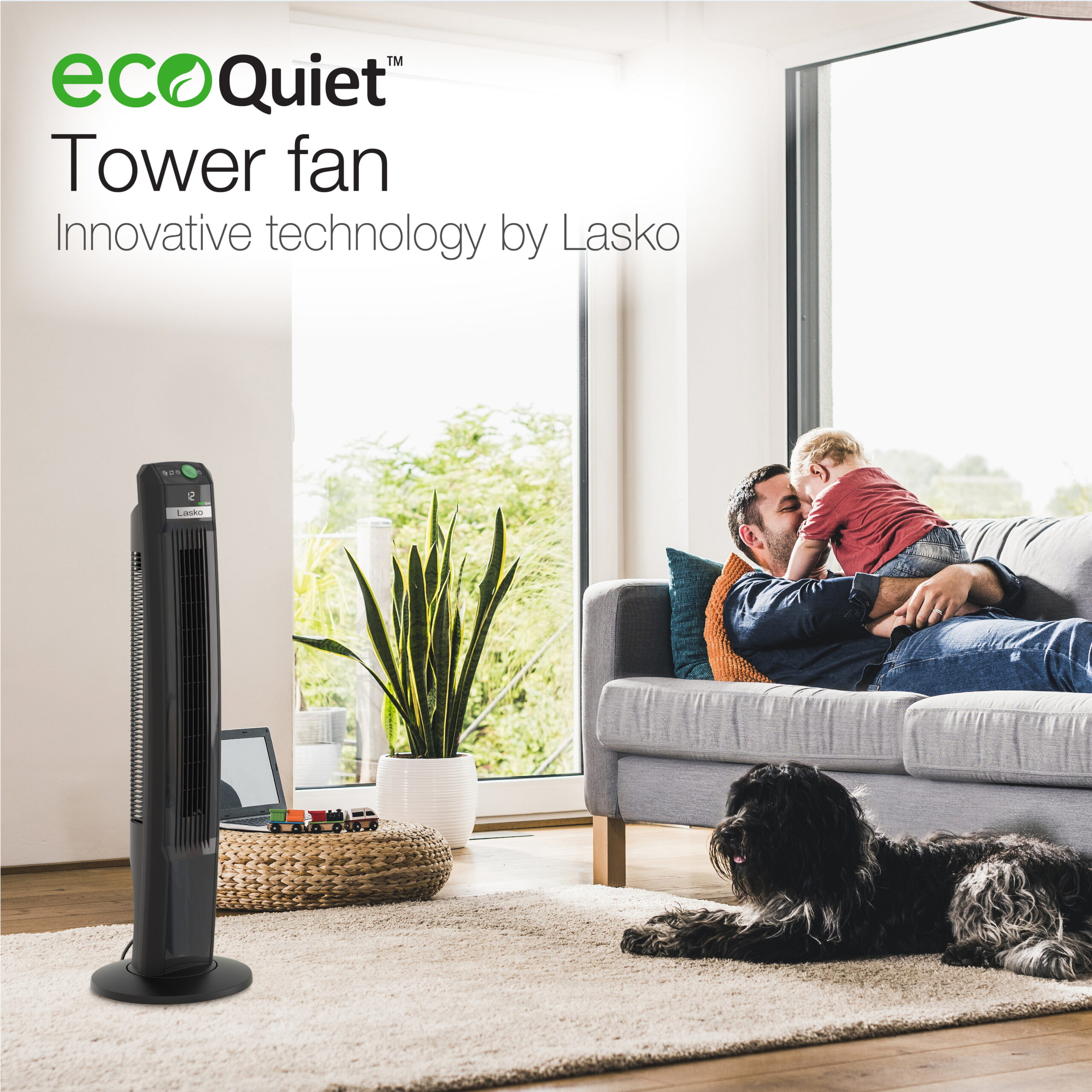 Lasko 42-inch 12-Speed EcoQuiet DC Motor Tower Fan with Remote. T42700. Black