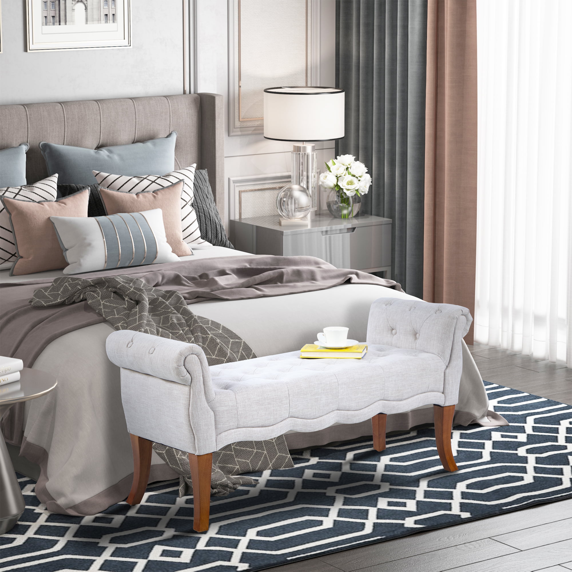 HOMCOM Traditional Style End of Bed Bench. Upholstered Bedroom Entryway Bench with Button Tufted and Rounded Arm. Light Gray