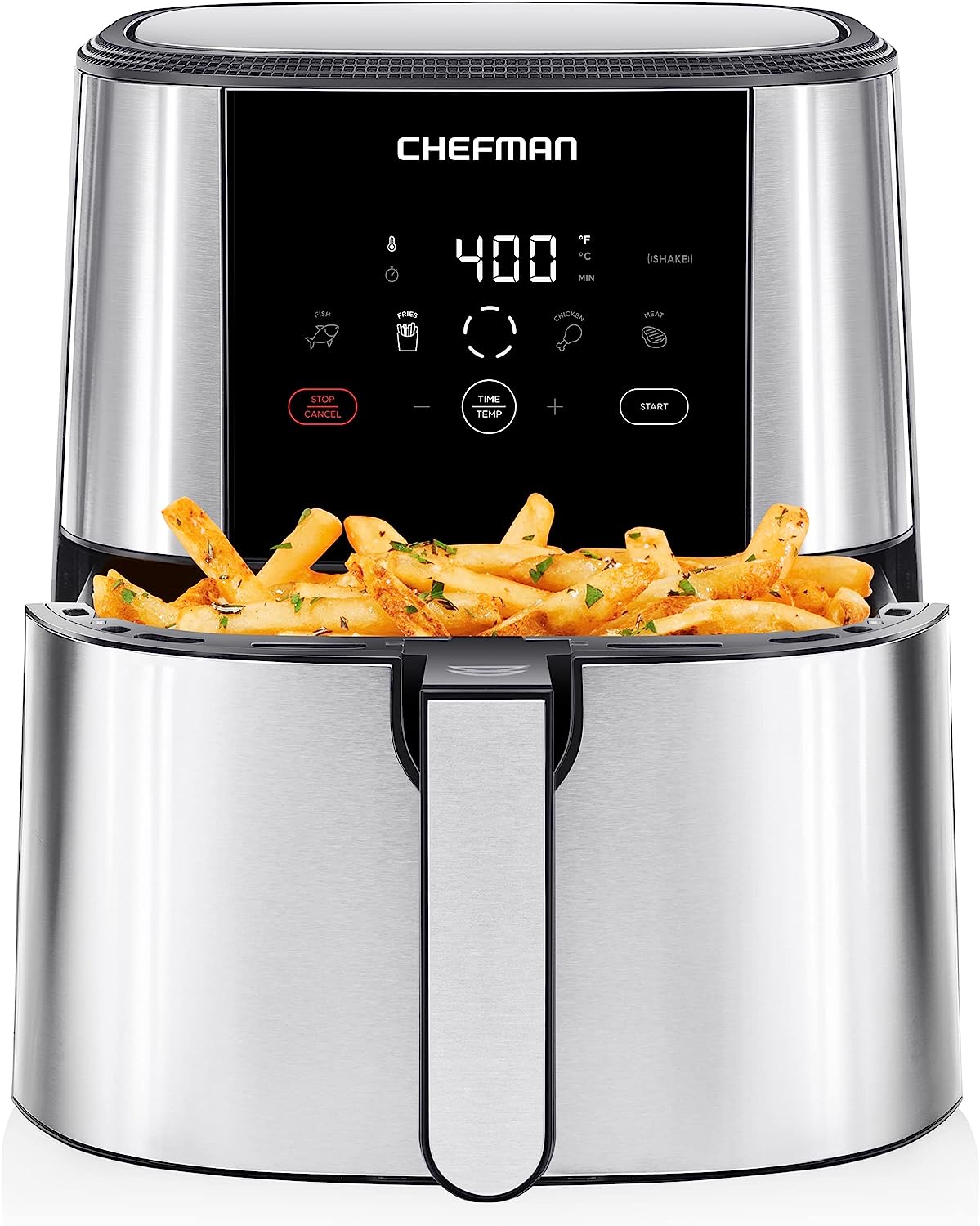 Chefman TurboFry Touch Air Fryer. Large 5-Quart Family Size. One Touch Digital Control Presets. French Fries. Chicken. Meat. Fish. Nonstick Dishwasher-Safe Parts. Automatic Shutoff. Stainless Steel