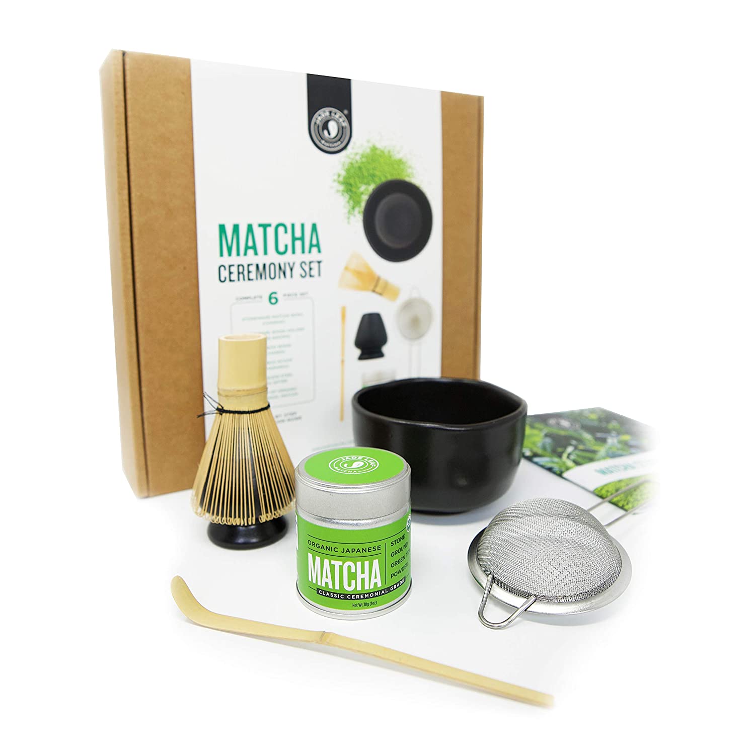 Jade Leaf - Complete Matcha Ceremony Gift Set - Ceremonial Grade Organic Matcha Green Tea Powder Tin. Bamboo Matcha Whisk and Scoop. Stainless Steel Sifter. Stoneware Bowl & Whisk Holder. Prep Guide
