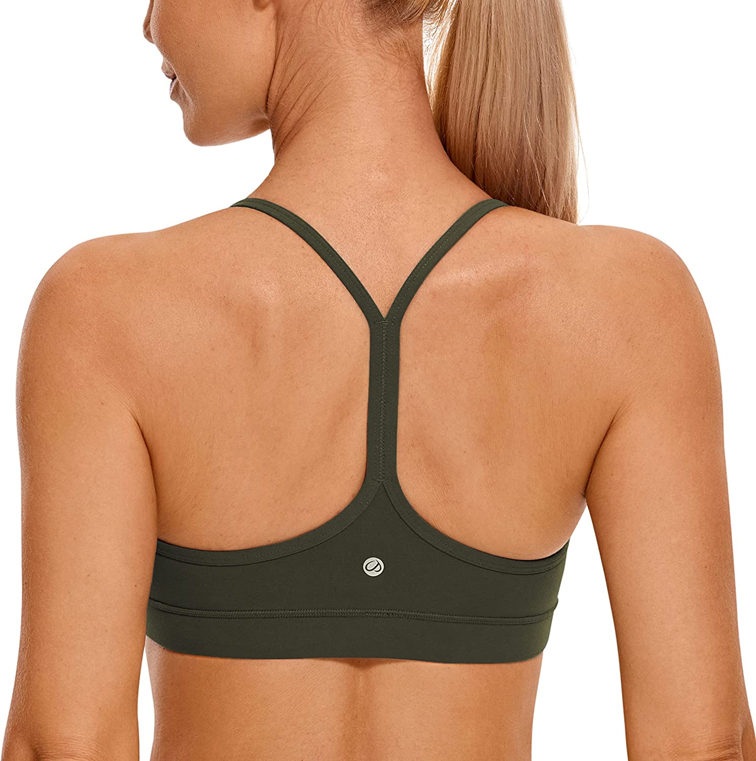 CRZ YOGA Womens Butterluxe Y Back Sports Bra – Padded Racerback Low Impact Spaghetti Thin Strap Backless Workout Yoga Bra. Olive Green