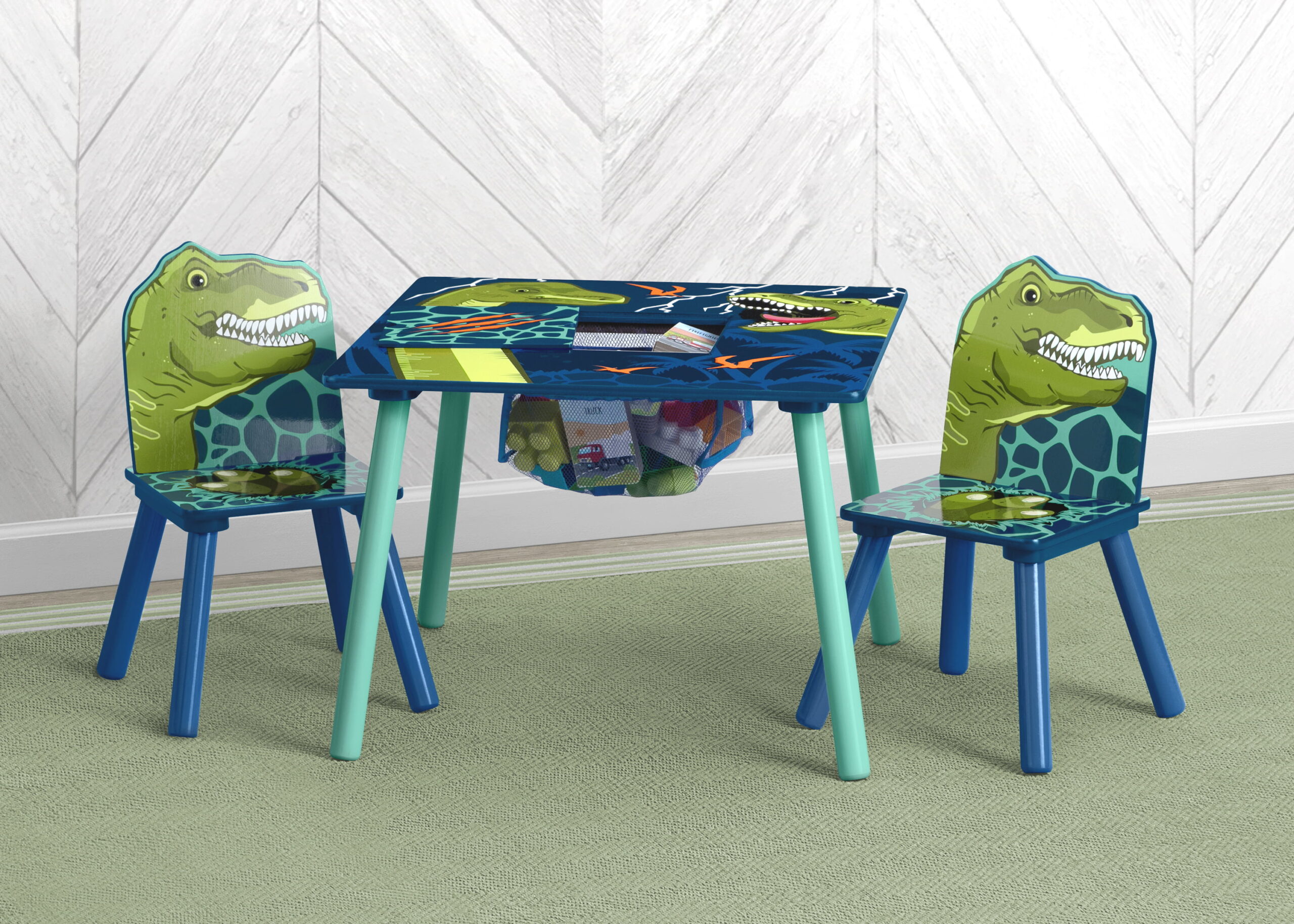 Delta Children Dinosaur Table and Chair Set With Storage (2 Chairs Included) - Greenguard Gold Certified. Blue/Green