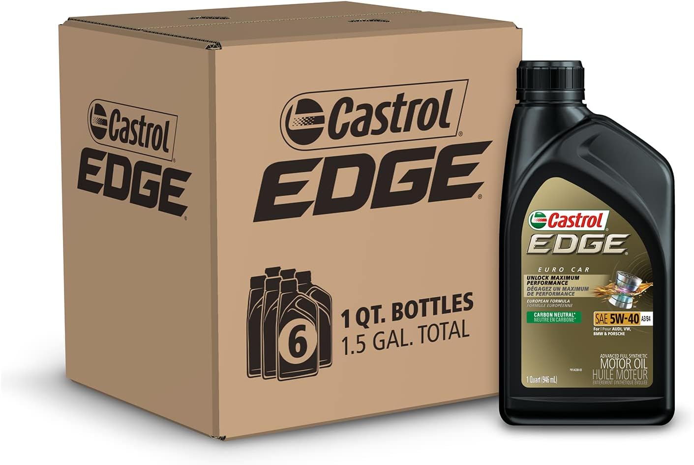 Castrol EDGE Euro 5W-40 A3/B4 Advanced Full Synthetic Motor Oil. 1 Quart. Pack of 6