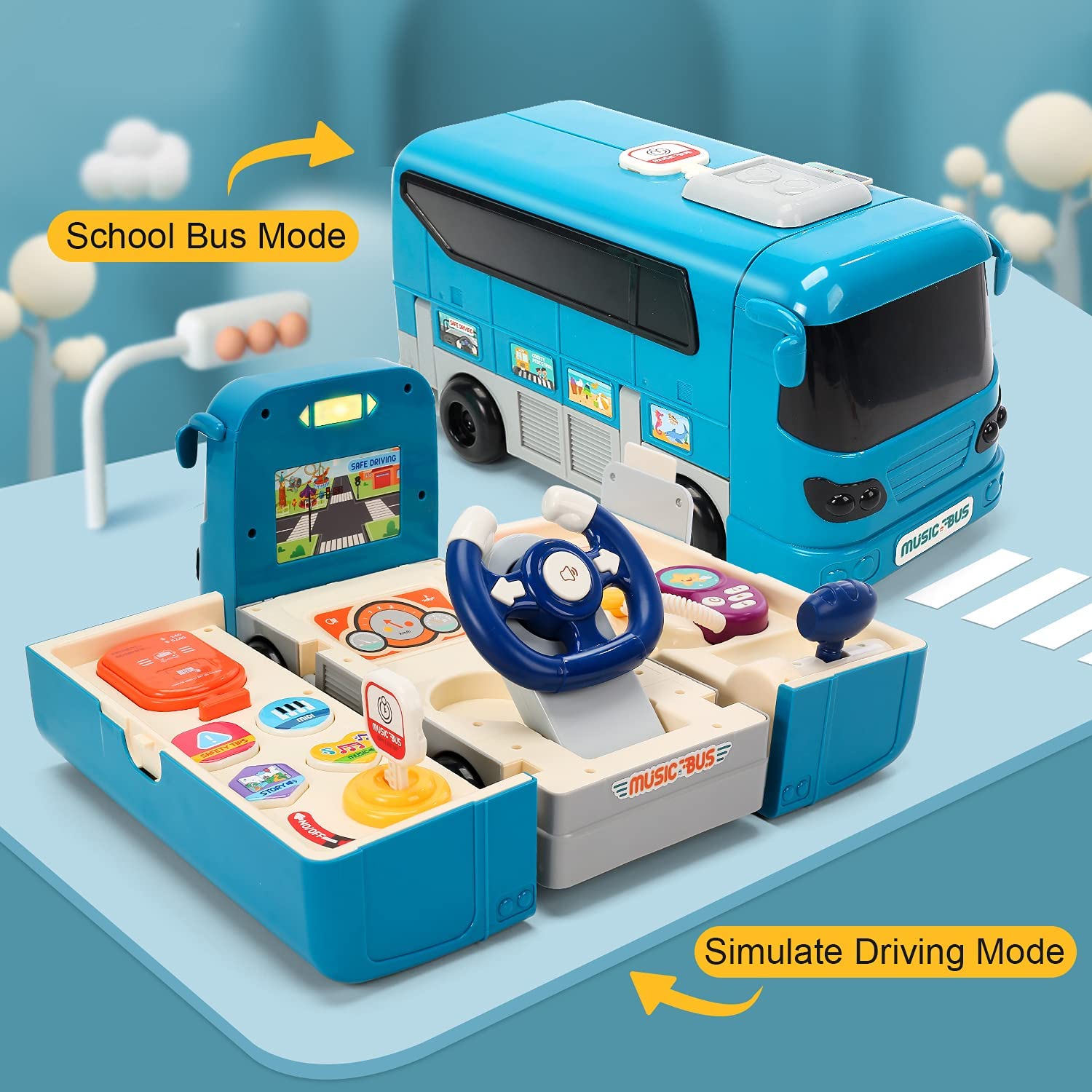 CUTE STONE Bus Car Toy. Kids Play Vehicle with Sound and Light. Steering Wheel.
