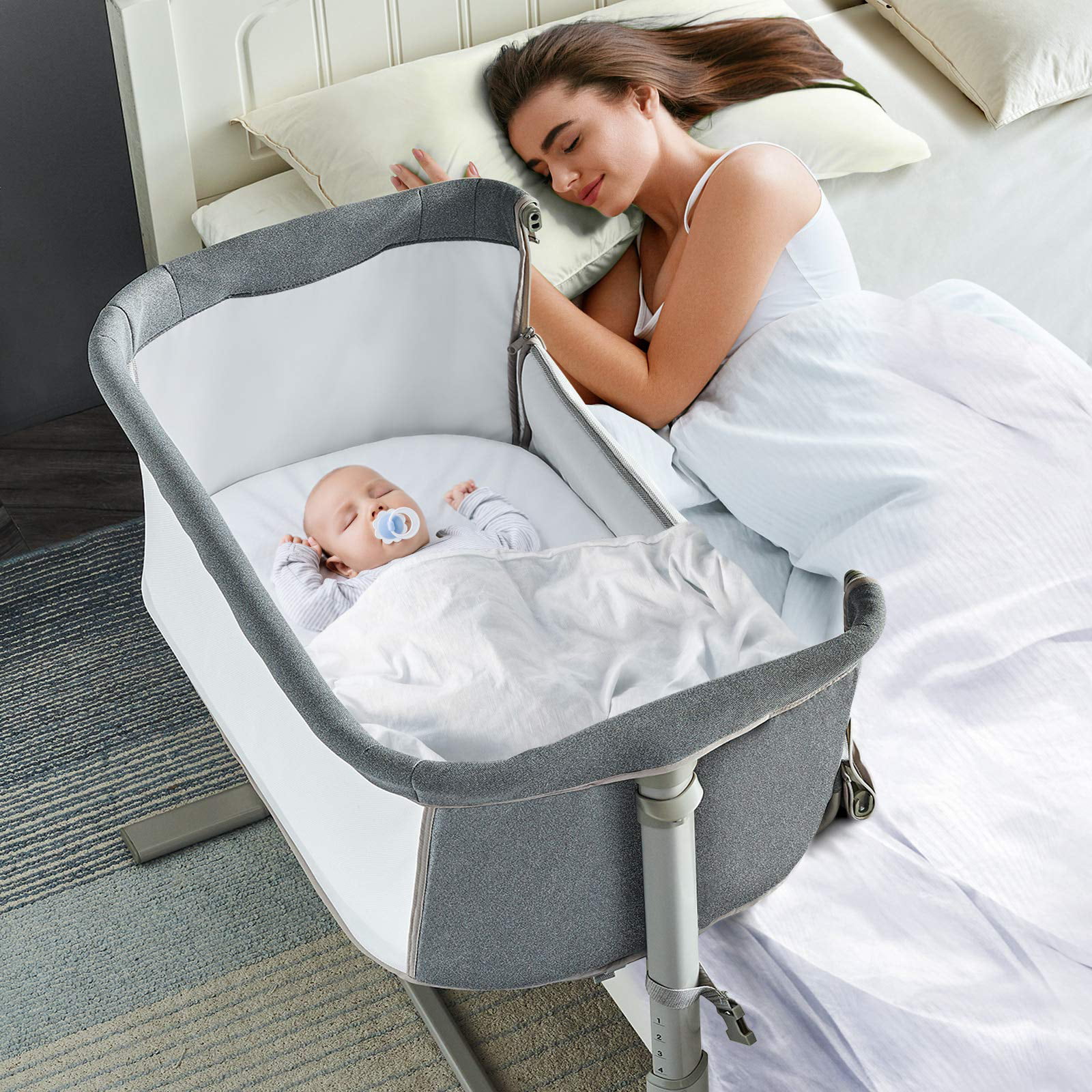 RONBEI 2 in 1 Baby Bassinet Bedside Sleeper Adjustable Bassinet Sleeper Portable Bedside Crib Easy to Assemble Bassinets for Newborn Infants Gray