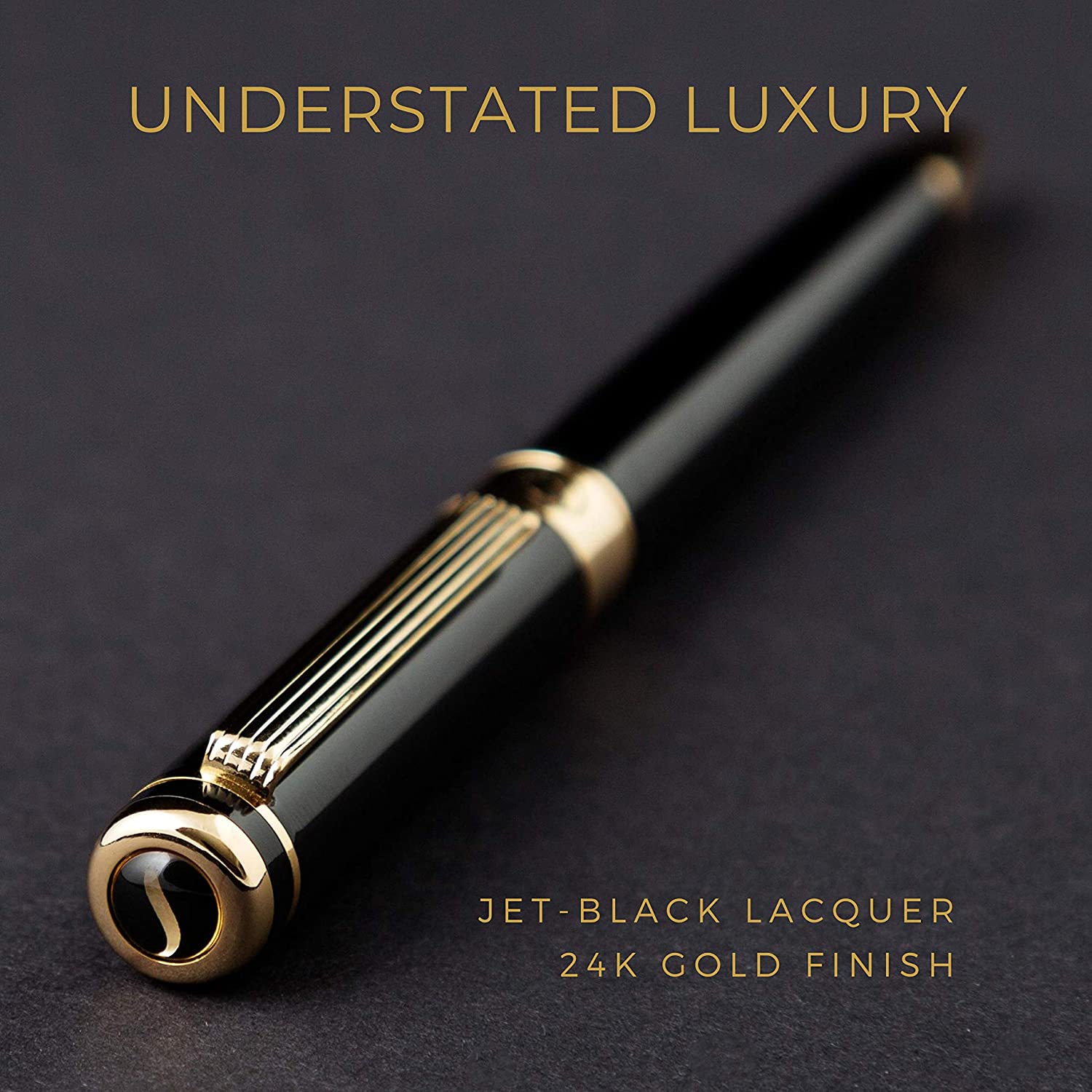 Scriveiner Black Lacquer Rollerball Pen - Stunning Luxury Pen with 24K Gold Finish. Schmidt Ink Refill. Best Roller Ball Pen Gift Set for Men & Women. Professional. Executive Office. Nice Pens