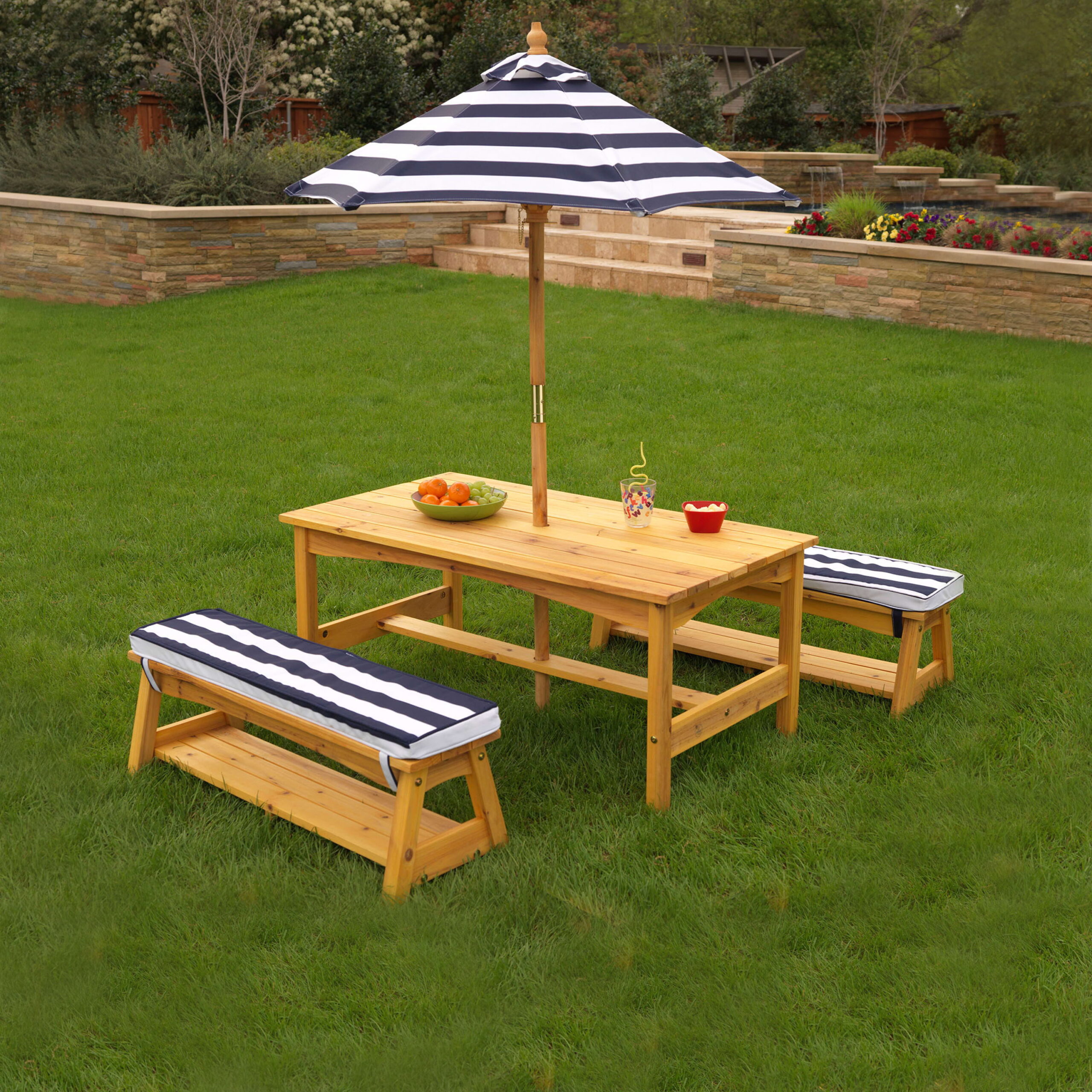 KidKraft Outdoor Wooden Table & Benches with Cushions & Umbrella. Navy