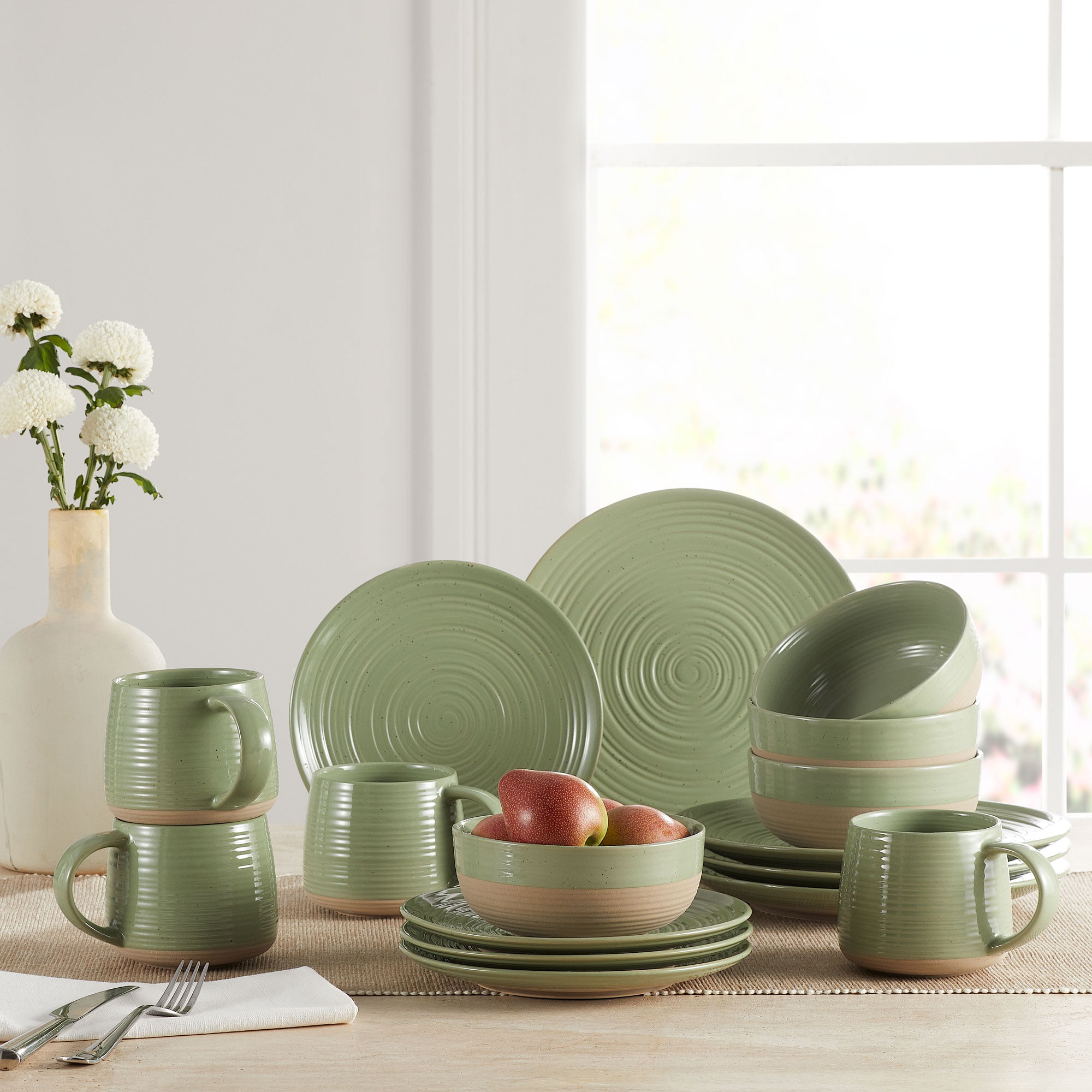 Better Homes & Gardens Artisanal Clay Stoneware 16-Piece Dining Set. Sage Green