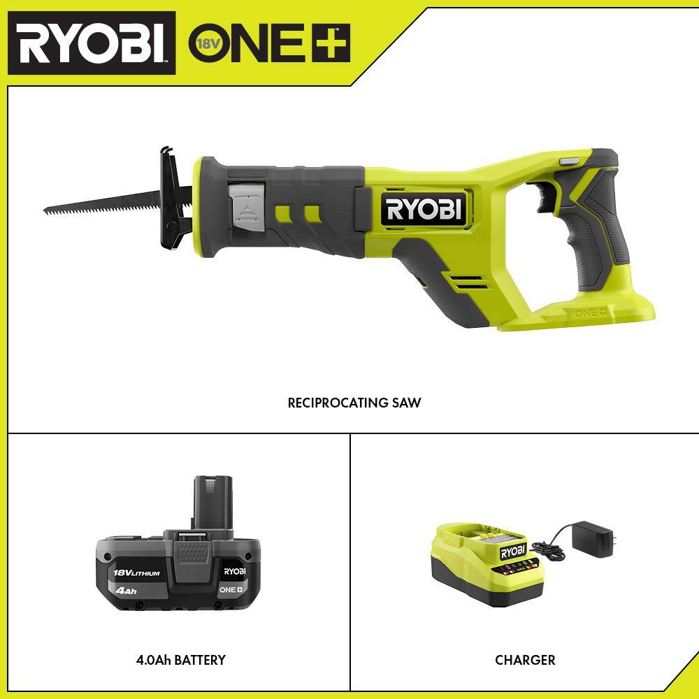 RYOBI PCL515K1 ONE+ 18V Cordless Reciprocating Saw Kit with 4.0 Ah Battery and Charger