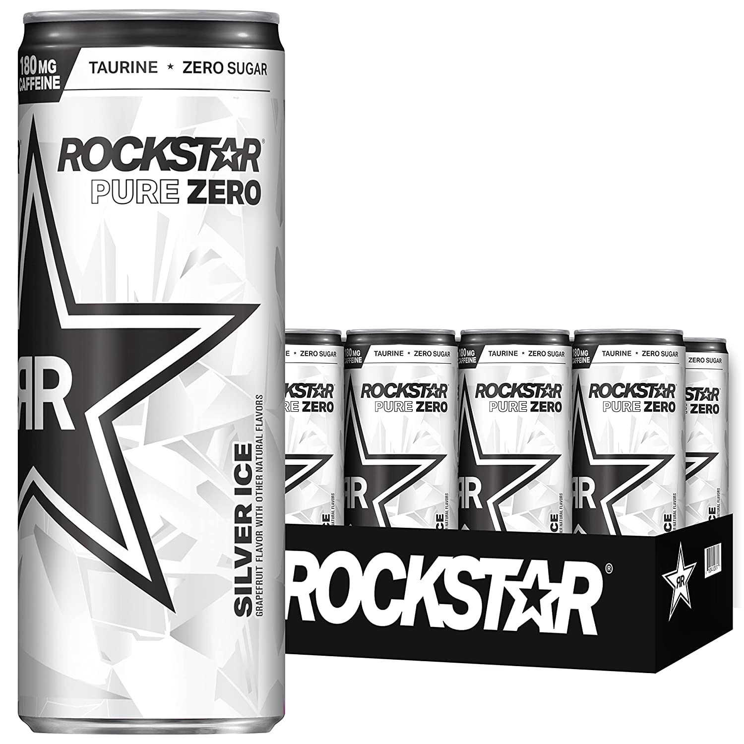 Rockstar Energy Drink. Pure Zero Silver Ice. 12oz Sleek Cans (8 Pack)