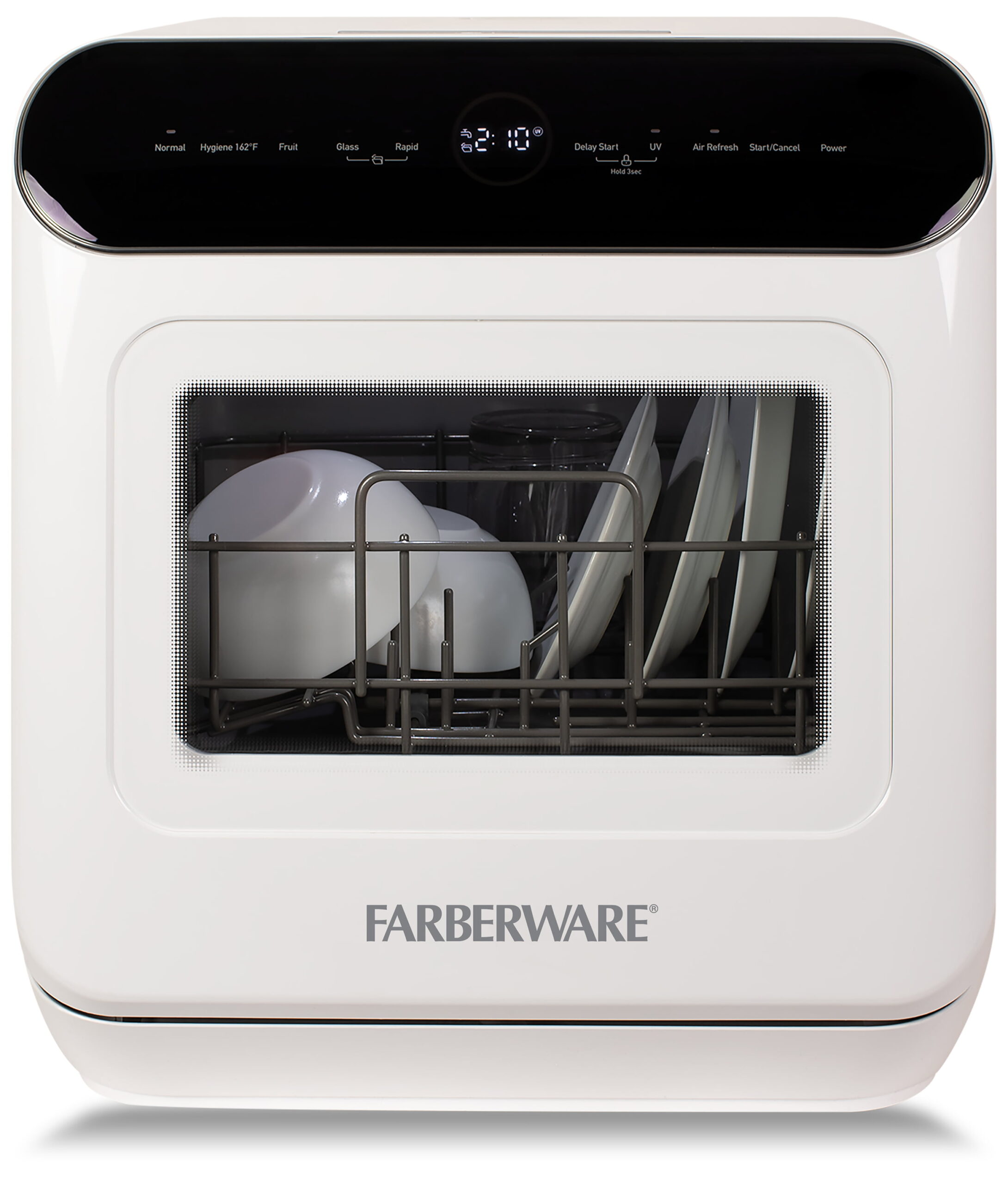 Farberware FCDMGDWH Complete Portable Countertop Dishwasher with UV Light 2 Place Settings. 5 Wash Programs. Glass Door. White