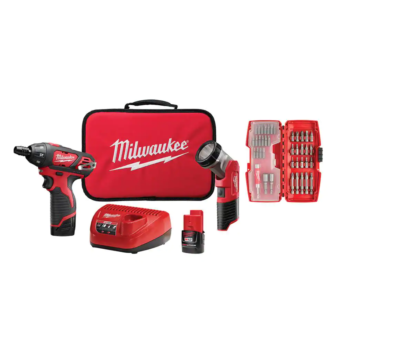 Milwaukee 2482-22 M12 12-Volt Lithium-Ion Cordless 1/4 in. Hex Screwdriver/LED Worklight Kit with (2) 1.5Ah Batteries.Bit Set & Bag