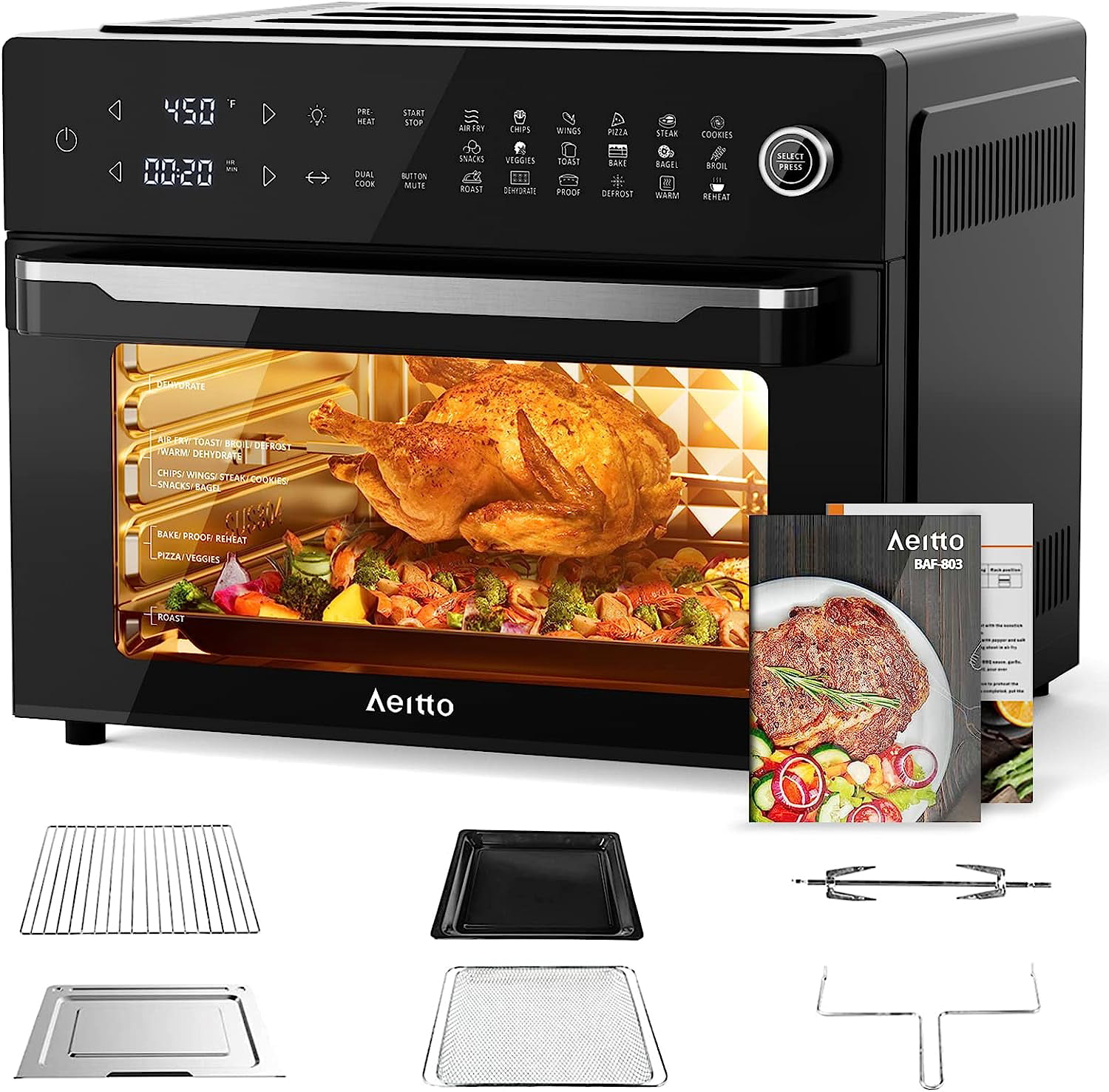 Aeitto® 32-Quart PRO Large Air Fryer Oven| Toaster Oven Combo | with Rotisserie. Dehydrator and Full Accessories | 19-In-1 Digital Airfryer | Fit 13″ Pizza. 9pcs Toast. 1800w. Black