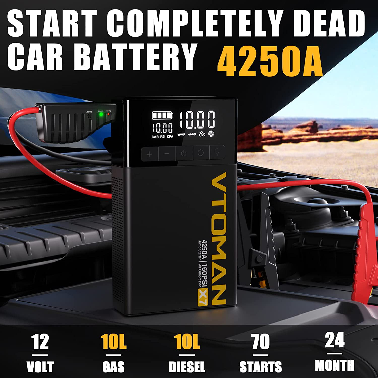 VTOMAN 4250A Car Jump Starter with 160Psi Cordless Tire Inflator. 24000mAh 12V X7 Jump Starter