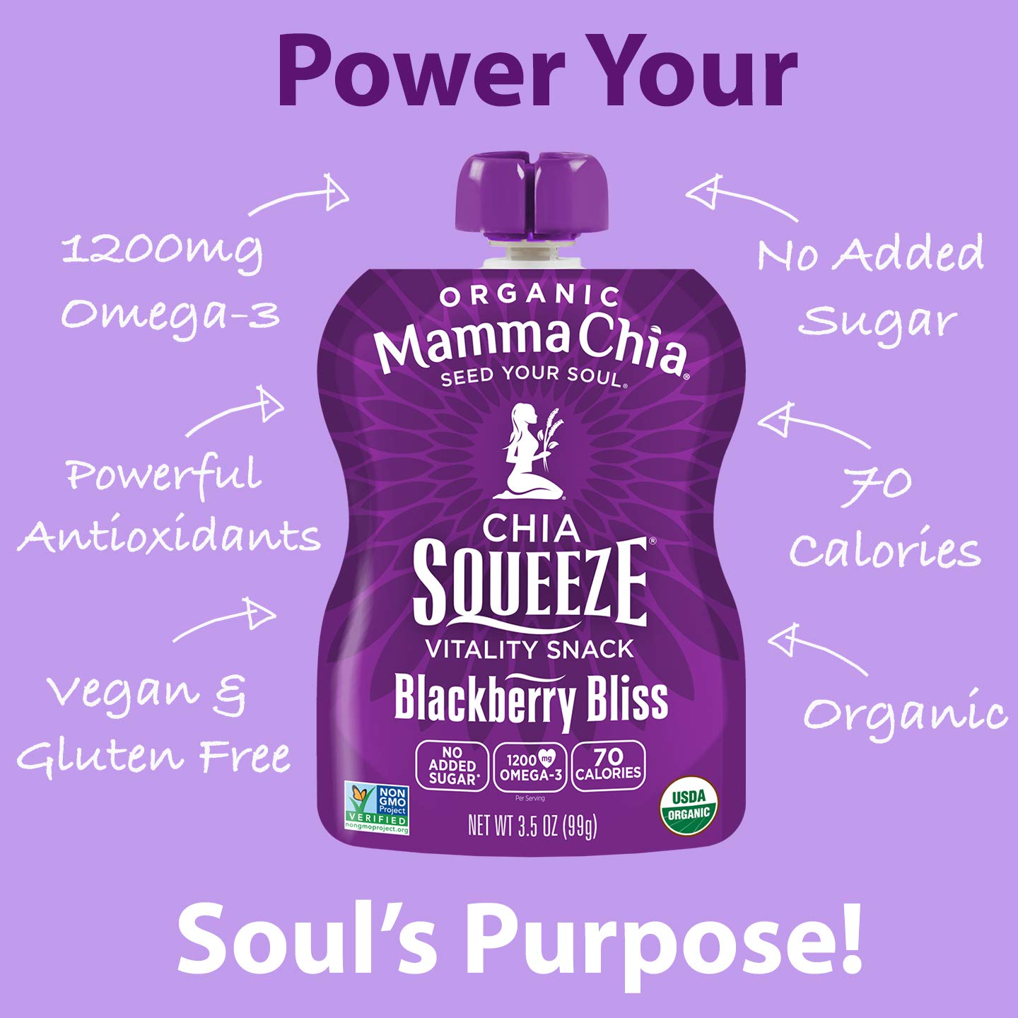 Mamma Chia Organic Vitality Squeeze Snack. Blackberry Bliss. 24- 3.05 Ounce Chia Pouches. USDA Organic. Non-GMO. Vegan. Gluten Free. and Kosher. Fruit and Vegetables with only 70 Calories