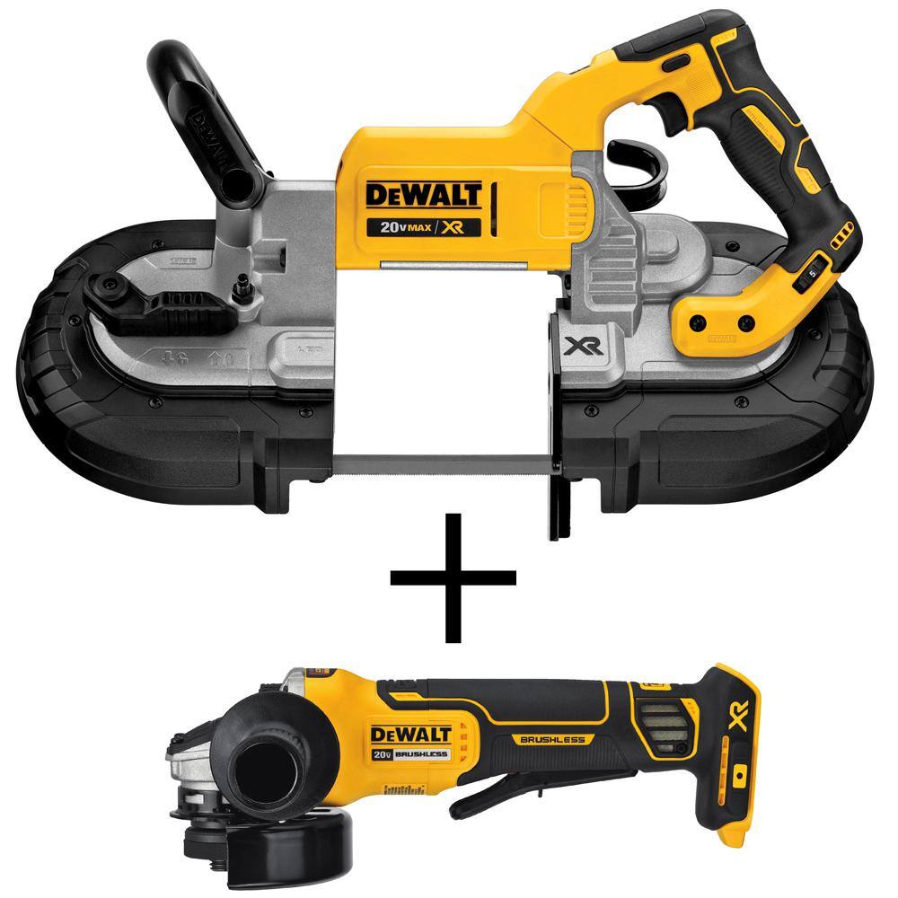 DEWALT DCS374BW413B 20V MAX XR Cordless Brushless Deep Cut Band Saw and 20V MAX XR Cordless Brushless 4.5 in. Paddle Switch Angle Grinder